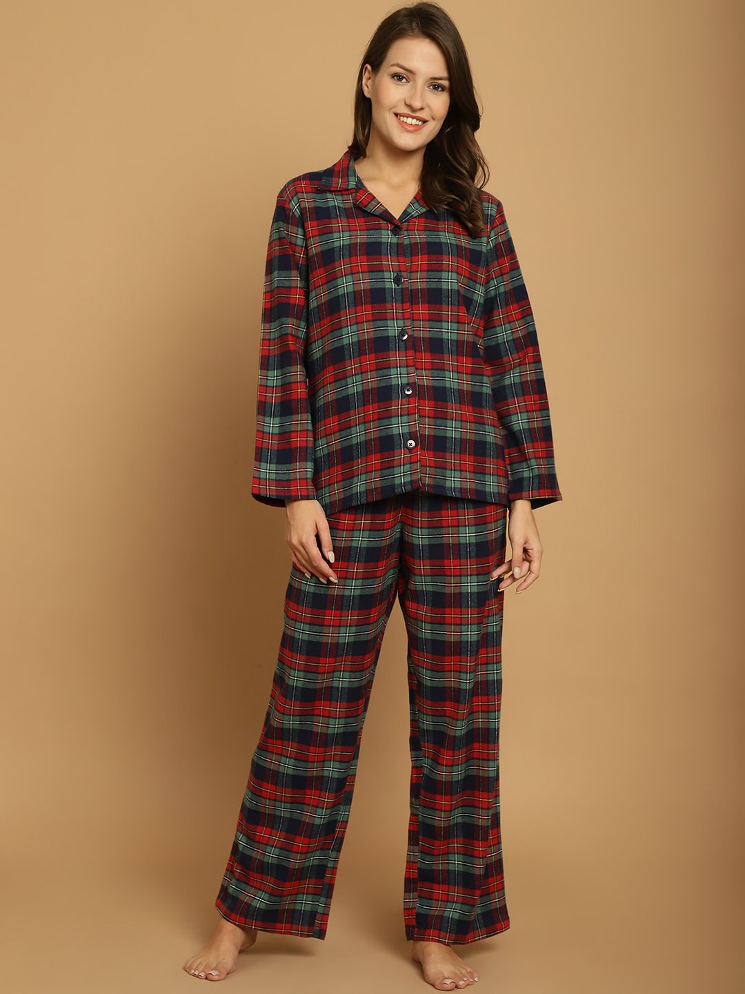 

Secret Wish Checked Lapel Collar Flannel Cotton Shirt & Pyjamas, Red