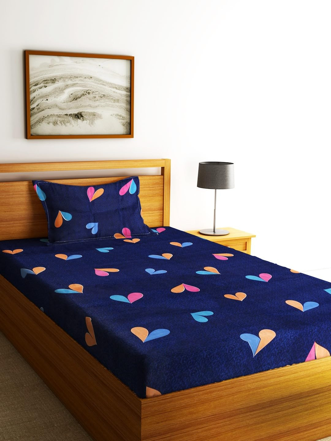 

DECOR VATIKA Blue & Pink Graphic Microfiber 144 TC Fitted Single Bedsheet & 1 Pillow Cover, Navy blue