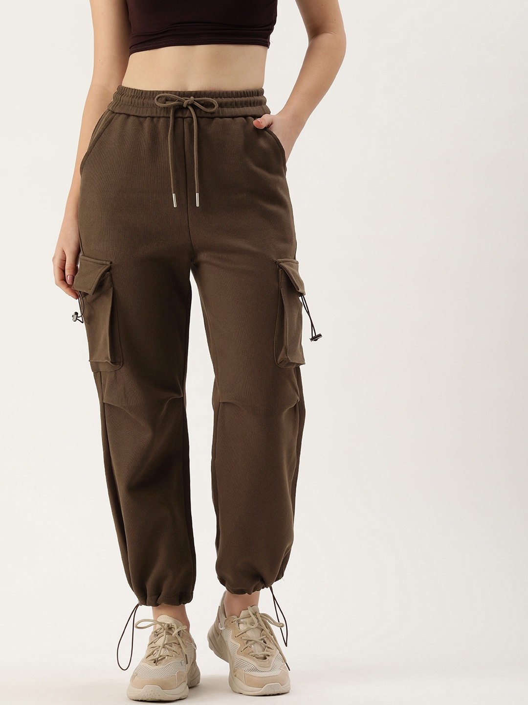 

SHECZZAR Women Loose Fit High-Rise Cargos Trousers, Brown