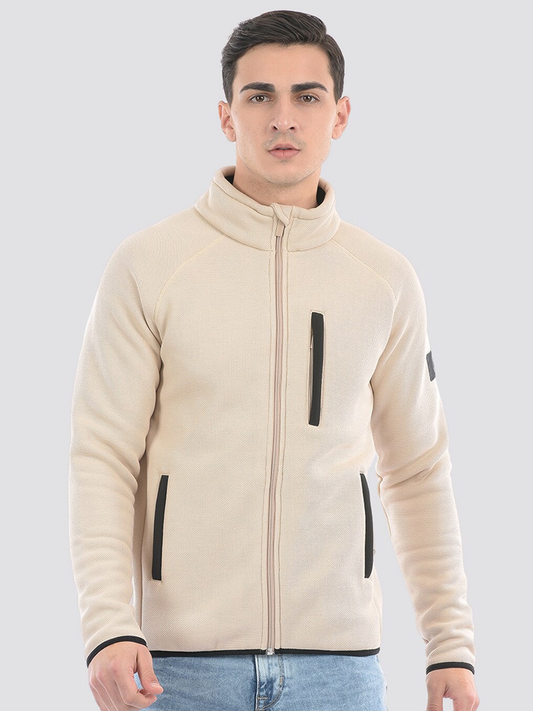 

LONDON FOG Mock Collar Front-Open Sweatshirt, Beige