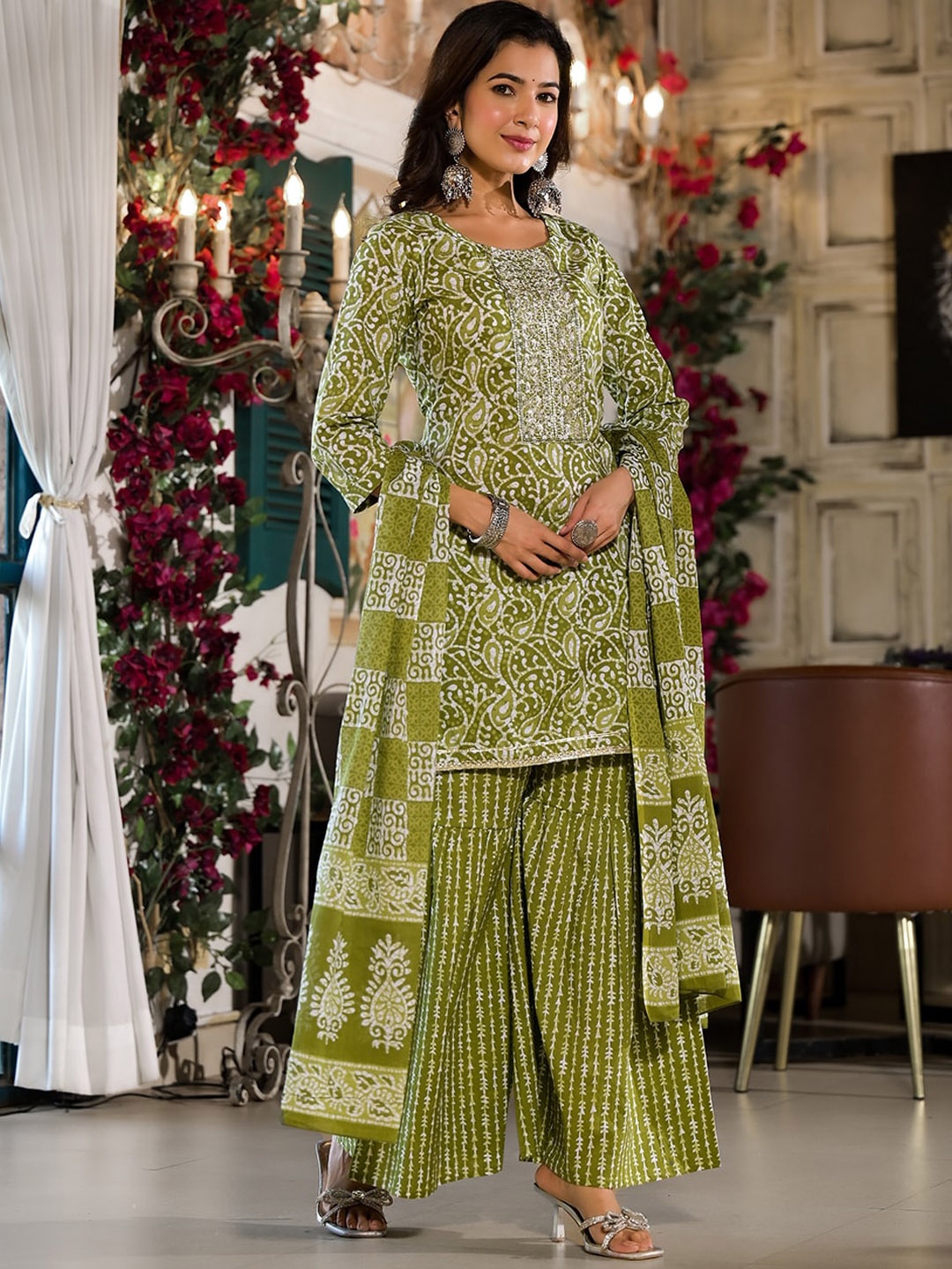 

Yufta Olive Green Ethnic Printed Regular Sequinned Cotton Kurta With Sharara & Dupatta