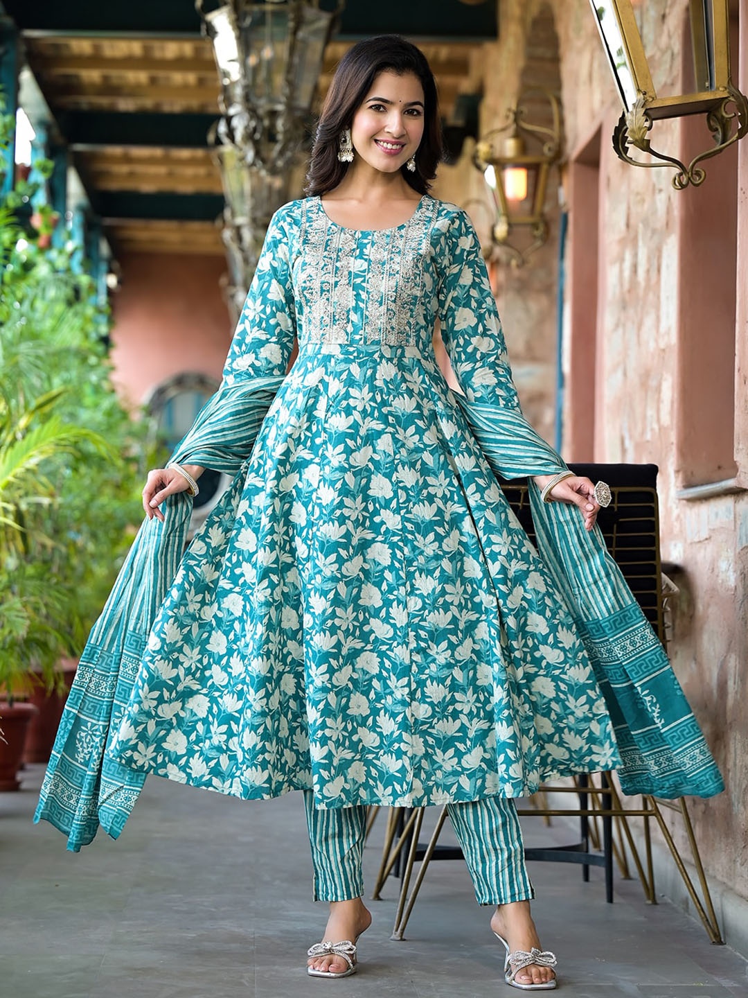 

Yufta Ethnic Motifs Printed Empire Pure Cotton Kurta With Trousers & Dupatta, Teal