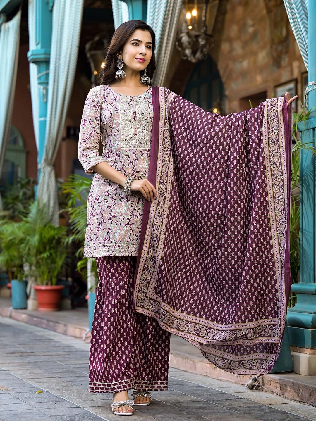 

Yufta Floral Printed Regular Sequinned Pure Cotton Kurta With Sharara & Dupatta, Burgundy