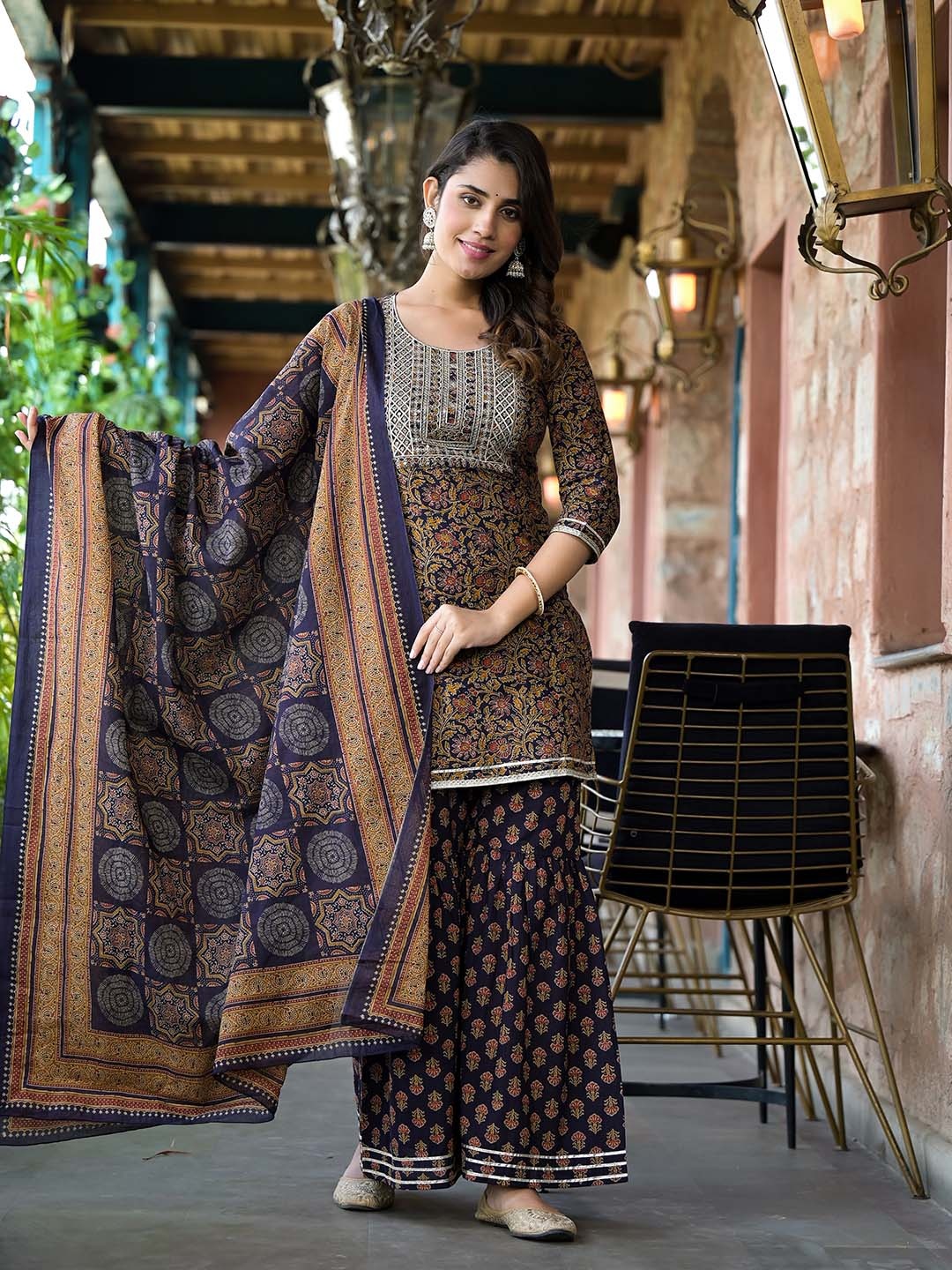 

Yufta Floral Embroidered Regular Pure Cotton Kurta With Sharara & Dupatta, Navy blue