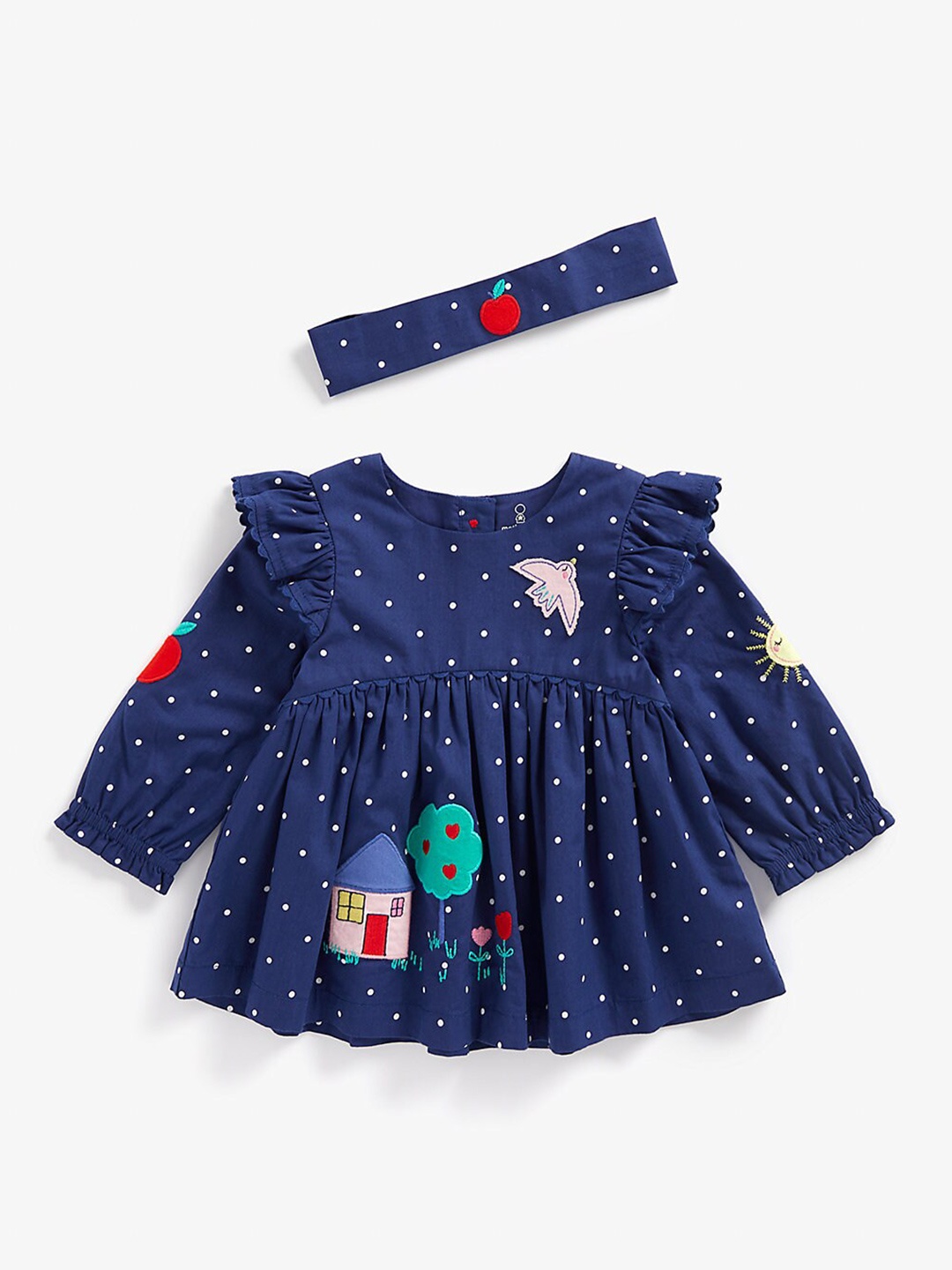 

mothercare Girls Polka Dot Printed Pure Cotton Fit & Flare Dress With Hairband, Blue