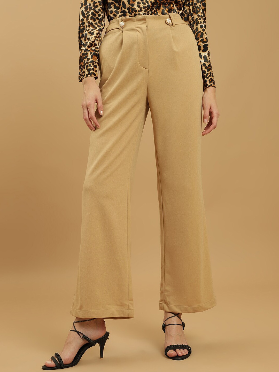 

Beatnik Women Slim Fit High-Rise Pleated Trousers, Beige