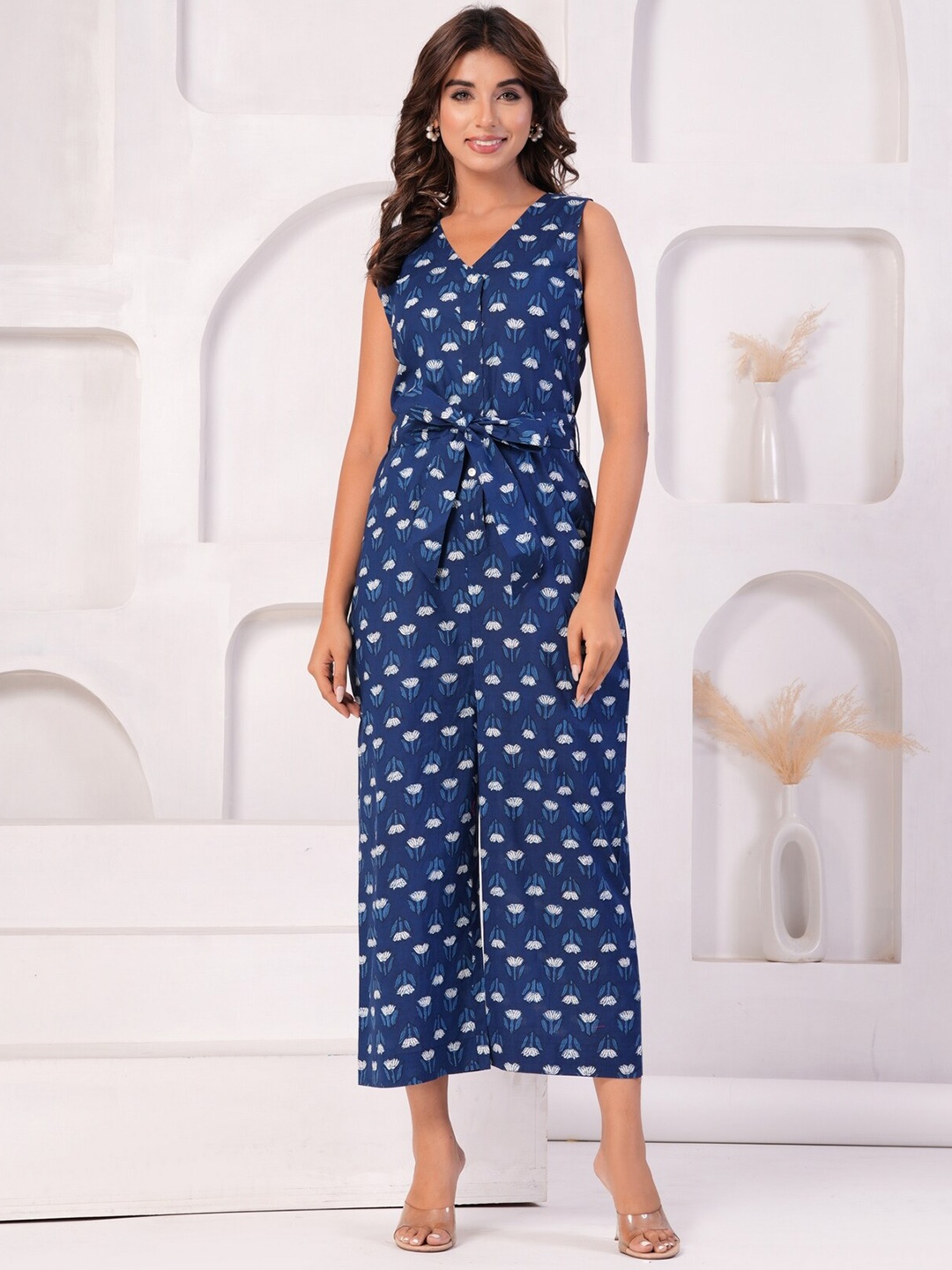 

EtnicaWear Printed Waist Tie-Ups Pure Cotton Top With Trouser, Blue