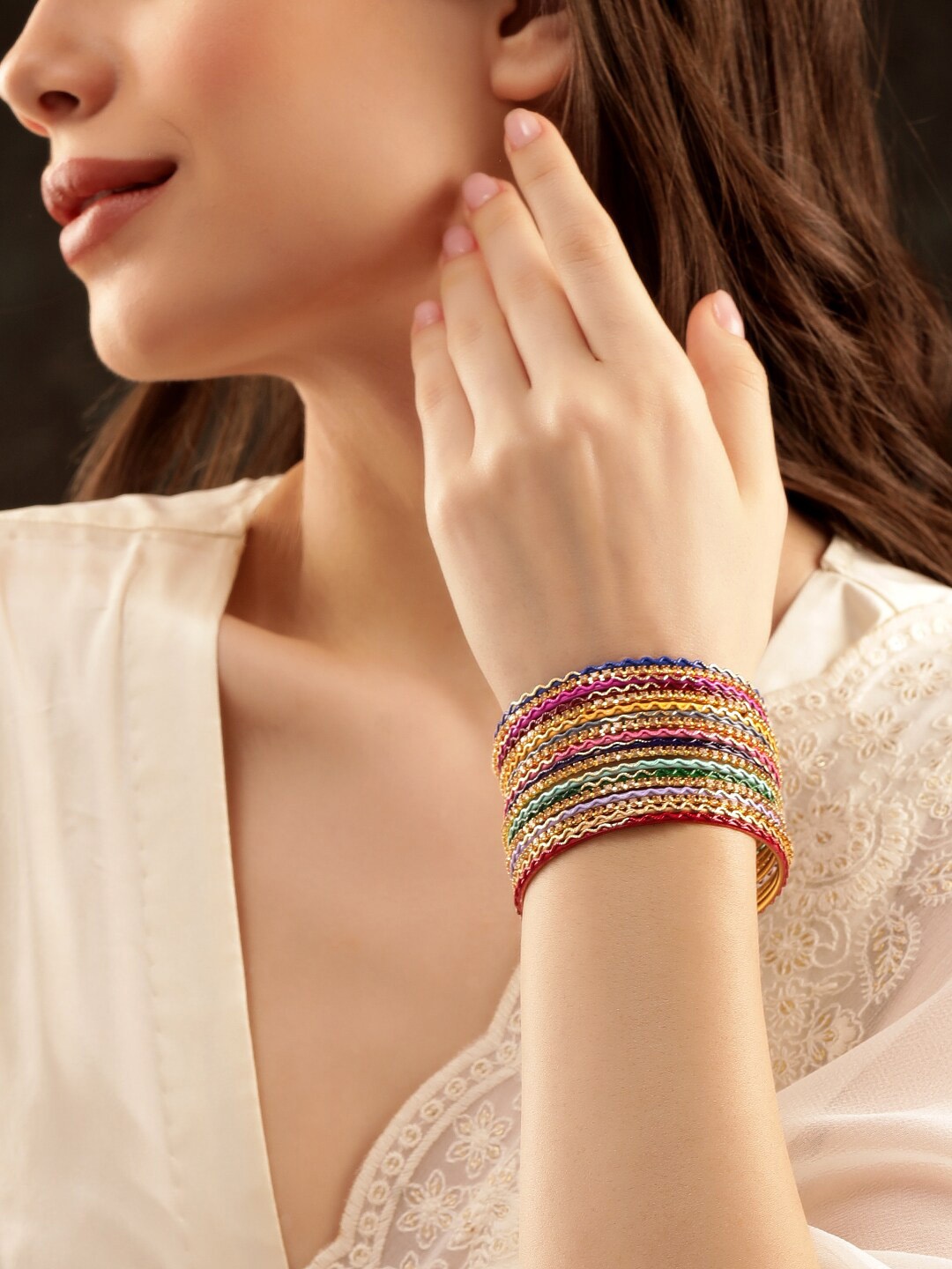 

Rubans Set Of 18 Gold Plated Stone Studded Bangles