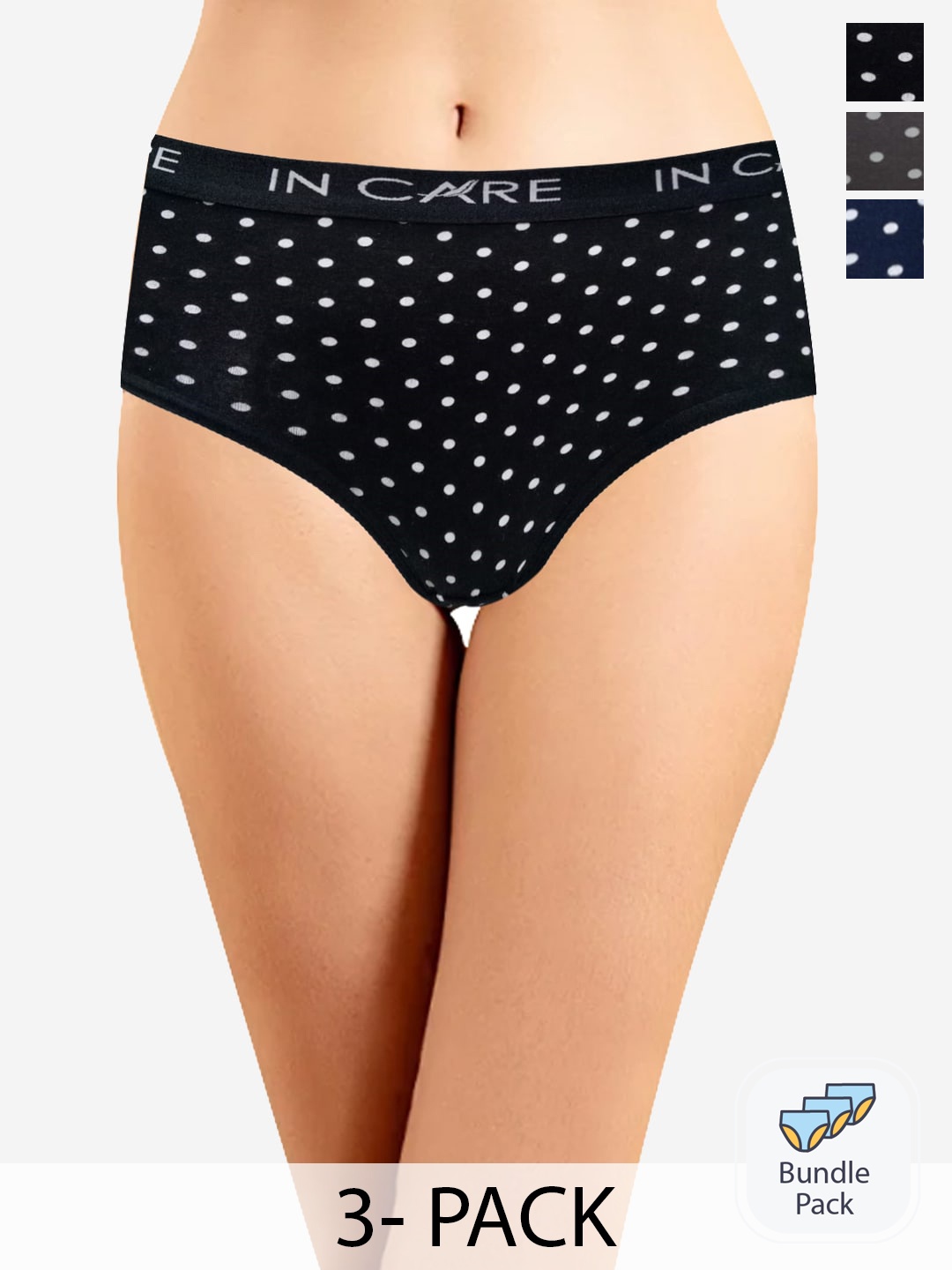 

In Care Women Pack Of 3 Printed Cotton Ribbed Hipster Briefs, Black