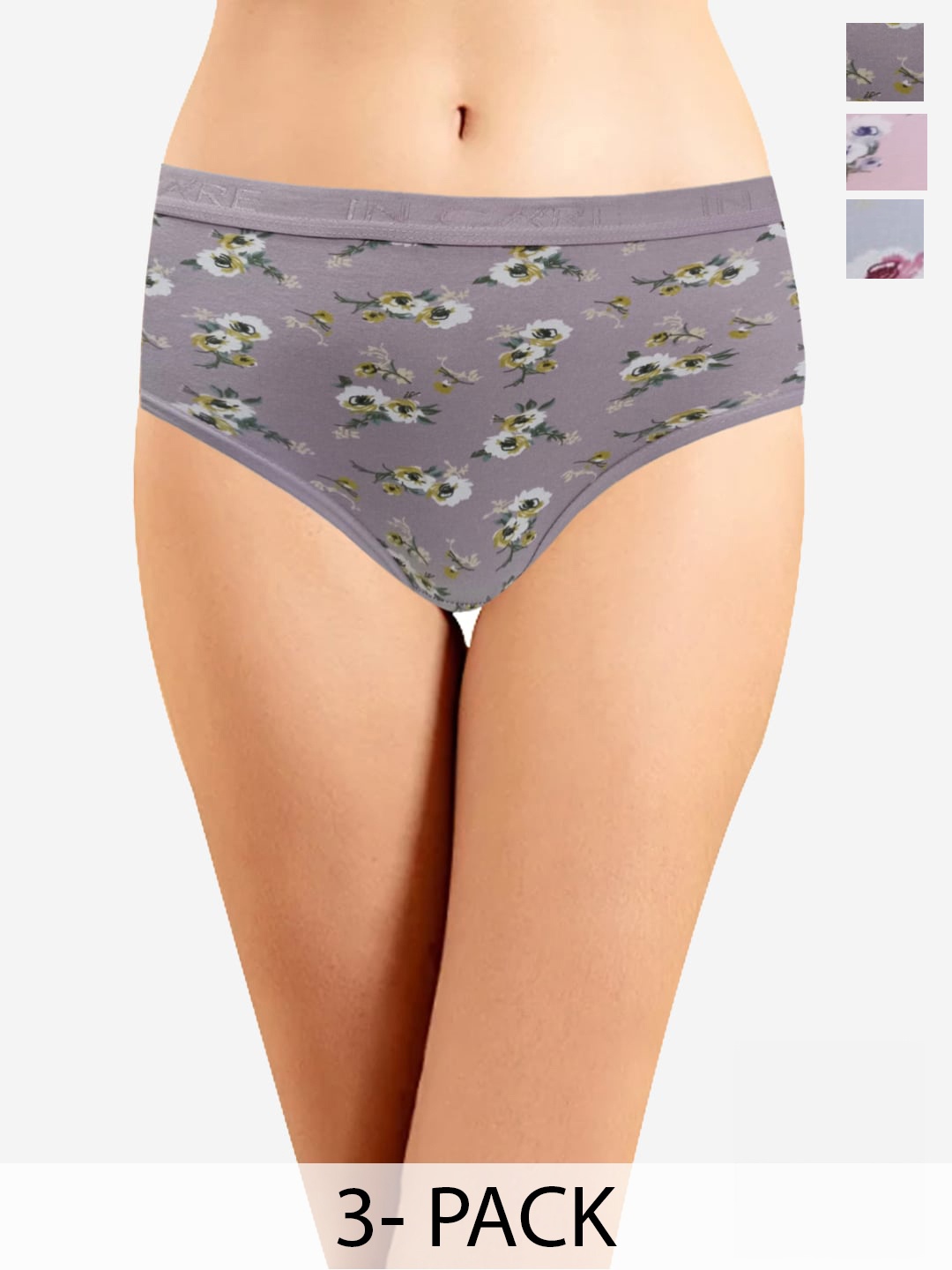 

In Care Pack Of 3 Printed Pure Cotton Hipster Briefs, Grey