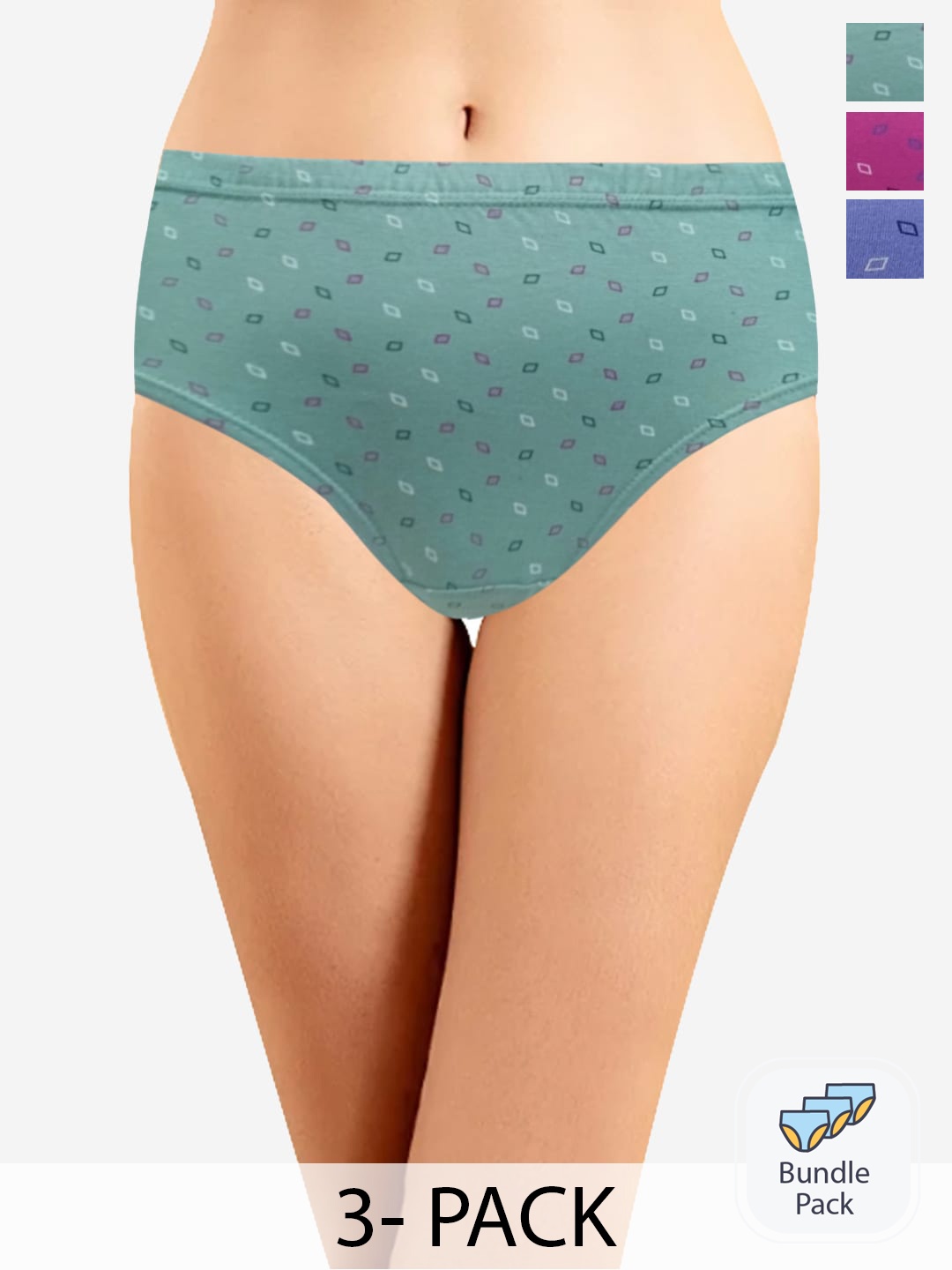 

In Care Pack Of 3 Printed Pure Cotton Hipster Briefs, Green