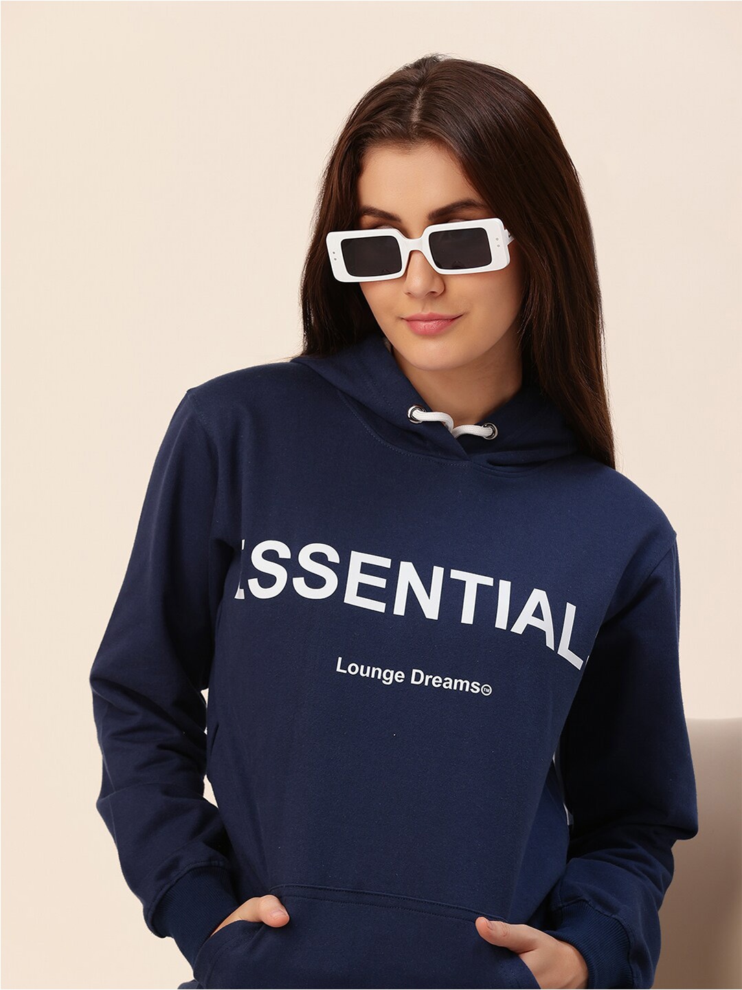 

Lounge Dreams Typography Printed Pure Cotton Hooded Sweatshirt, Navy blue