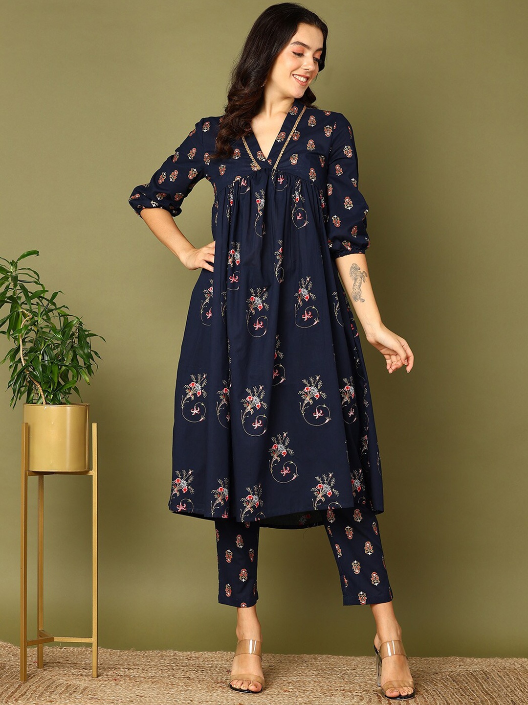 

HERE&NOW Navy Blue Floral Printed Empire Pure Cotton Kurta With Trousers