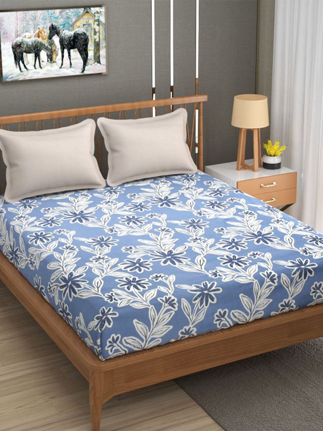 

Florida Grey & Blue Floral Cotton 144 TC King Bedsheet with 2 Pillow Covers