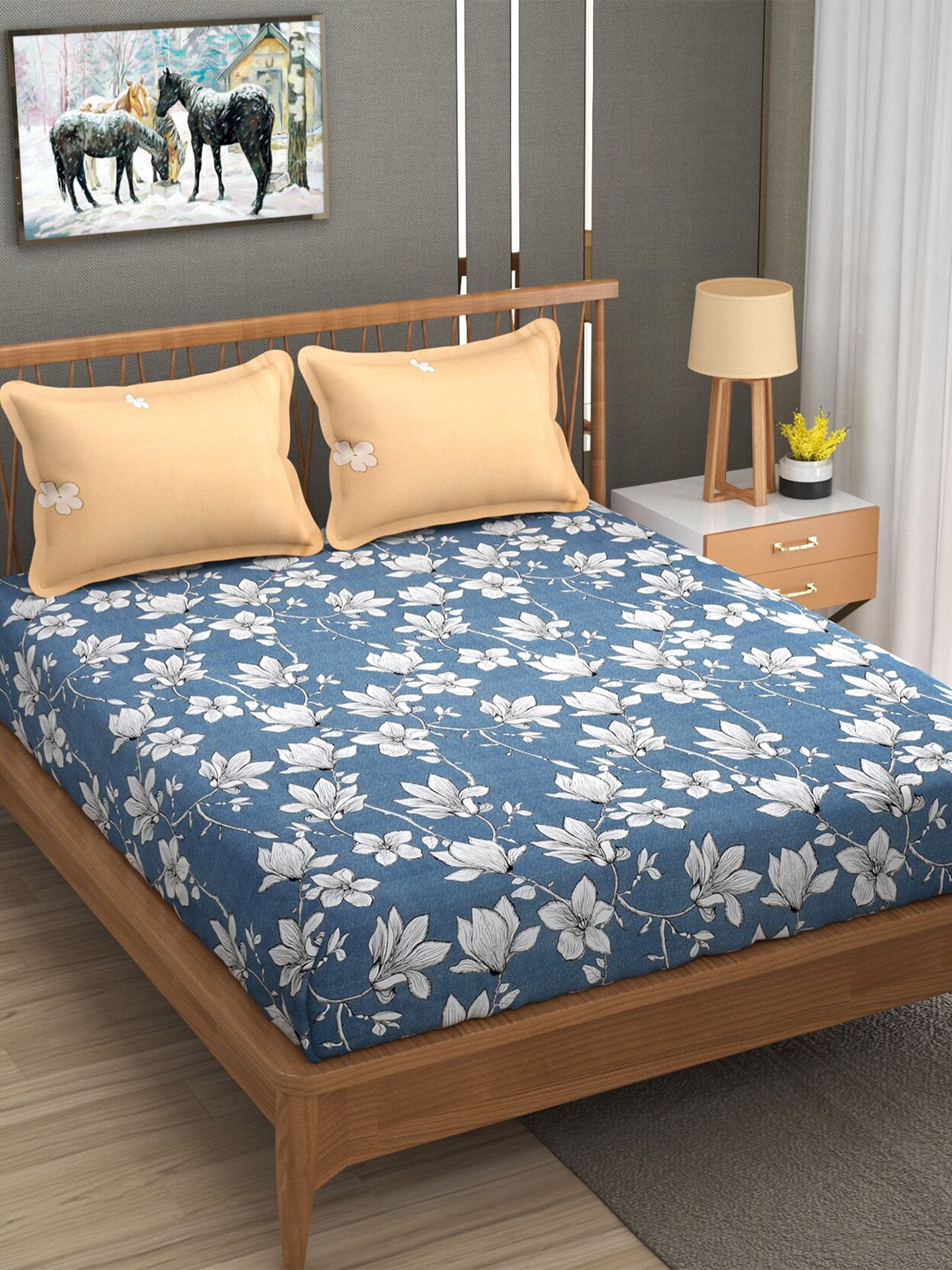 Florida Orange & Blue Floral Cotton 144 TC King Bedsheet With 2 Pillow Covers