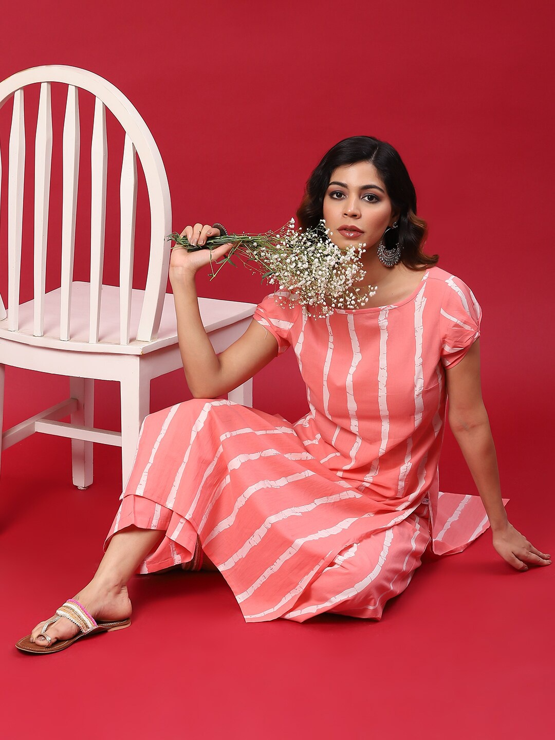 

Anouk Peach-Coloured Striped Boat Neck Pure Cotton Straight Kurta With Palazzo