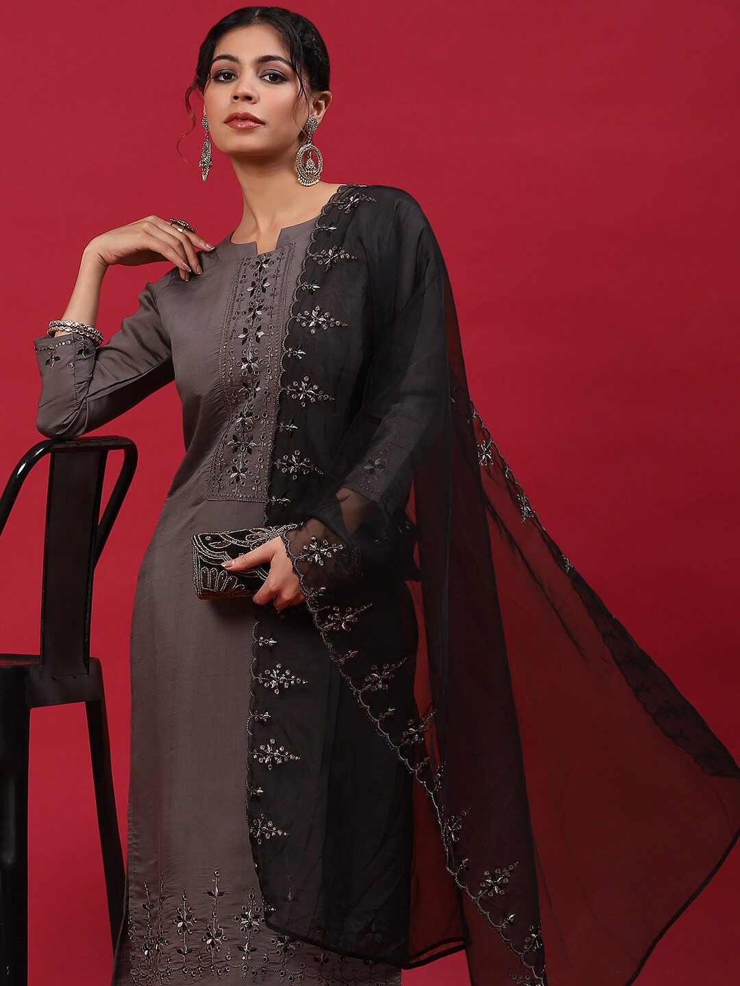 

Anouk Brown Ethnic Motifs Yoke Design Thread Work Detail Chanderi Silk Straight Kurta Set