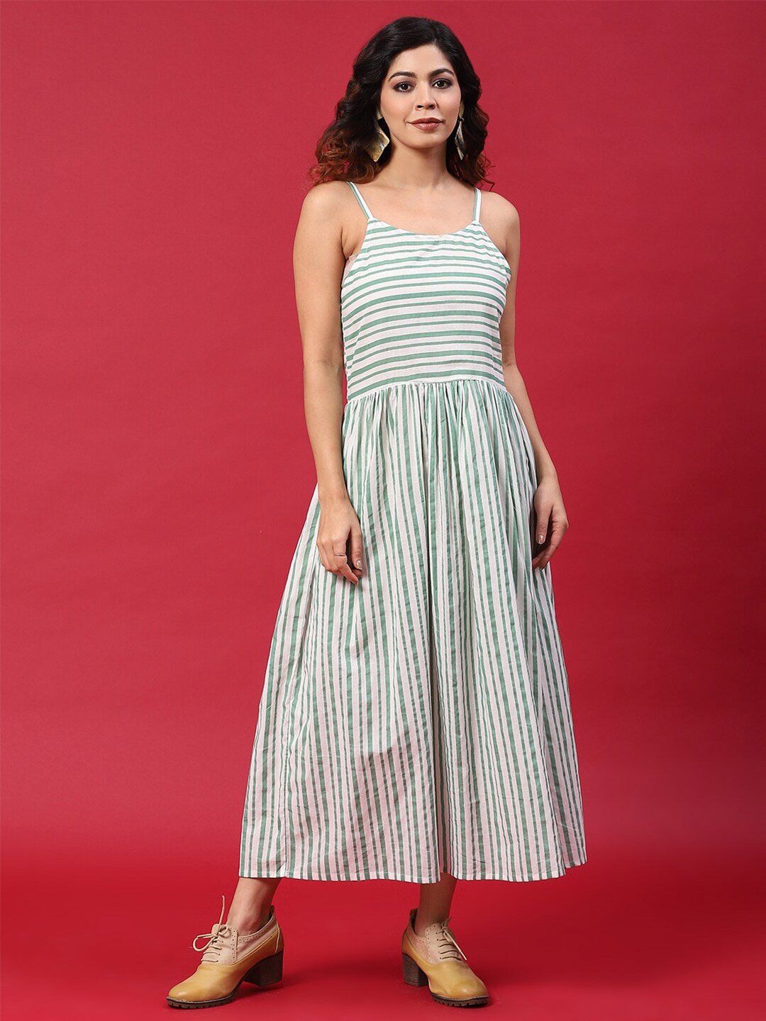 

Anouk Striped Shoulder Straps Cotton A-Line Dress, Green