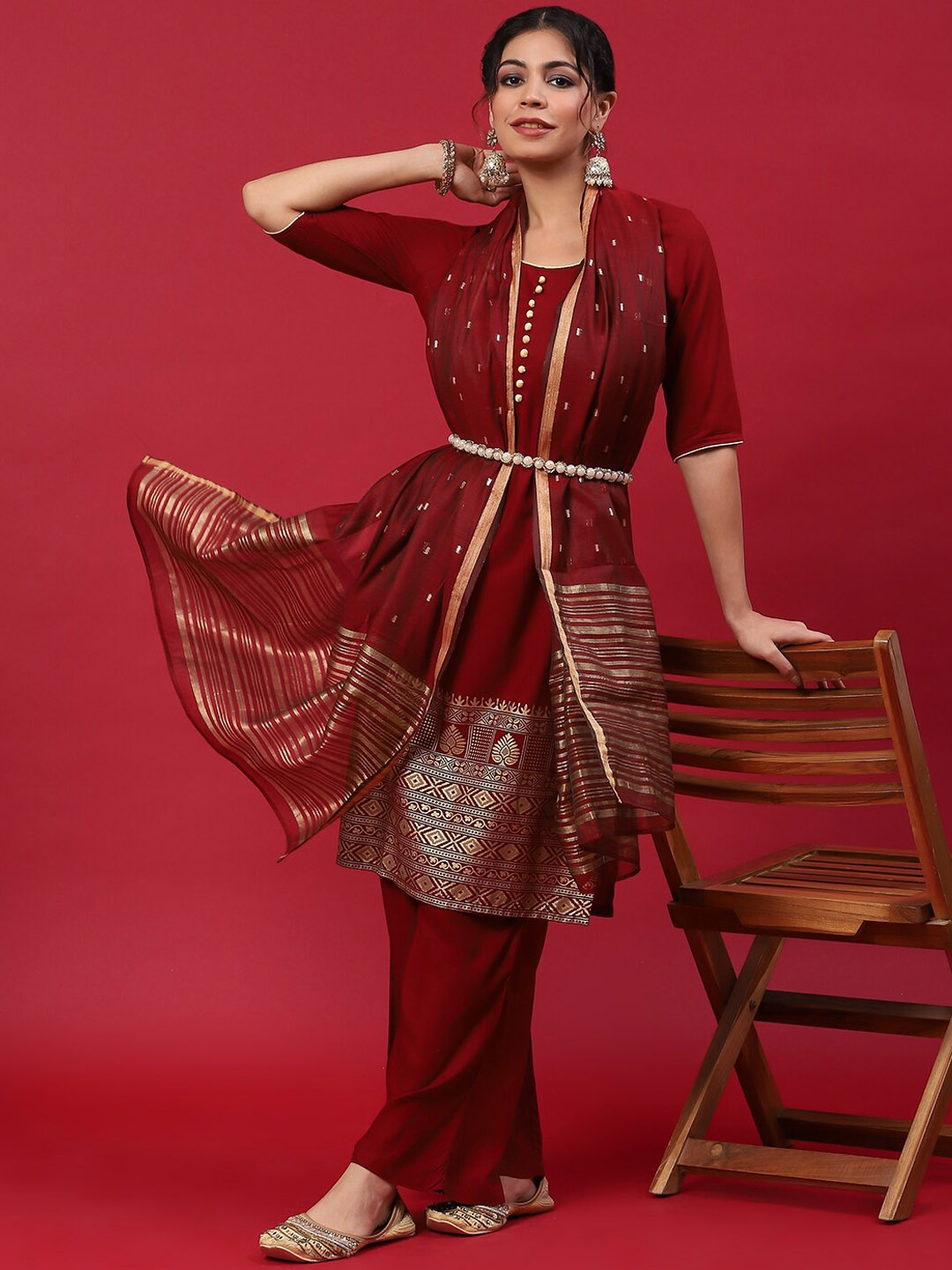 

Anouk Maroon Ethnic Motifs Woven Design Kurta with Palazzos & Dupatta