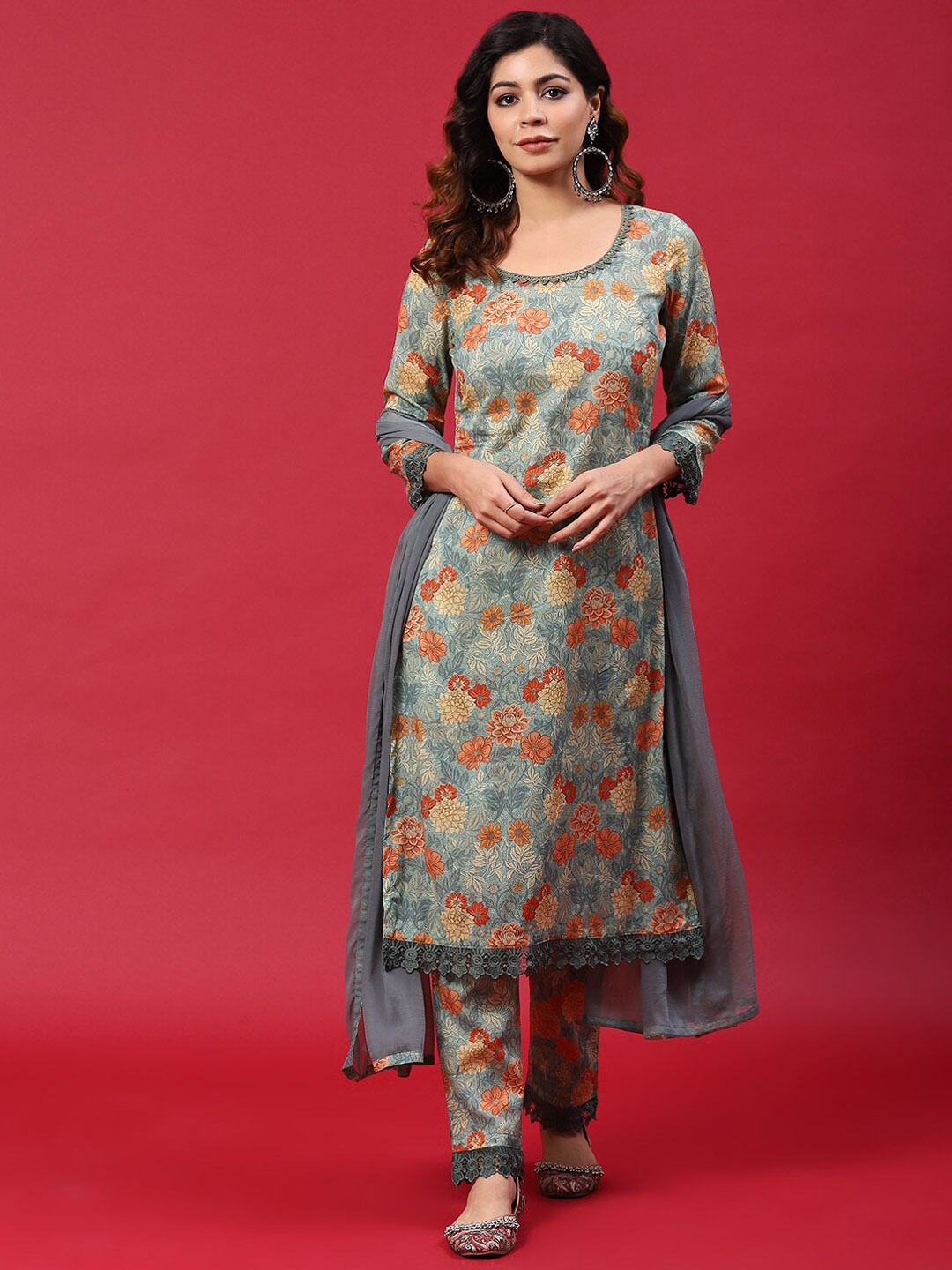 

Anouk Grey Floral Printed Pure Cotton Straight Kurta & Trousers With Dupatta