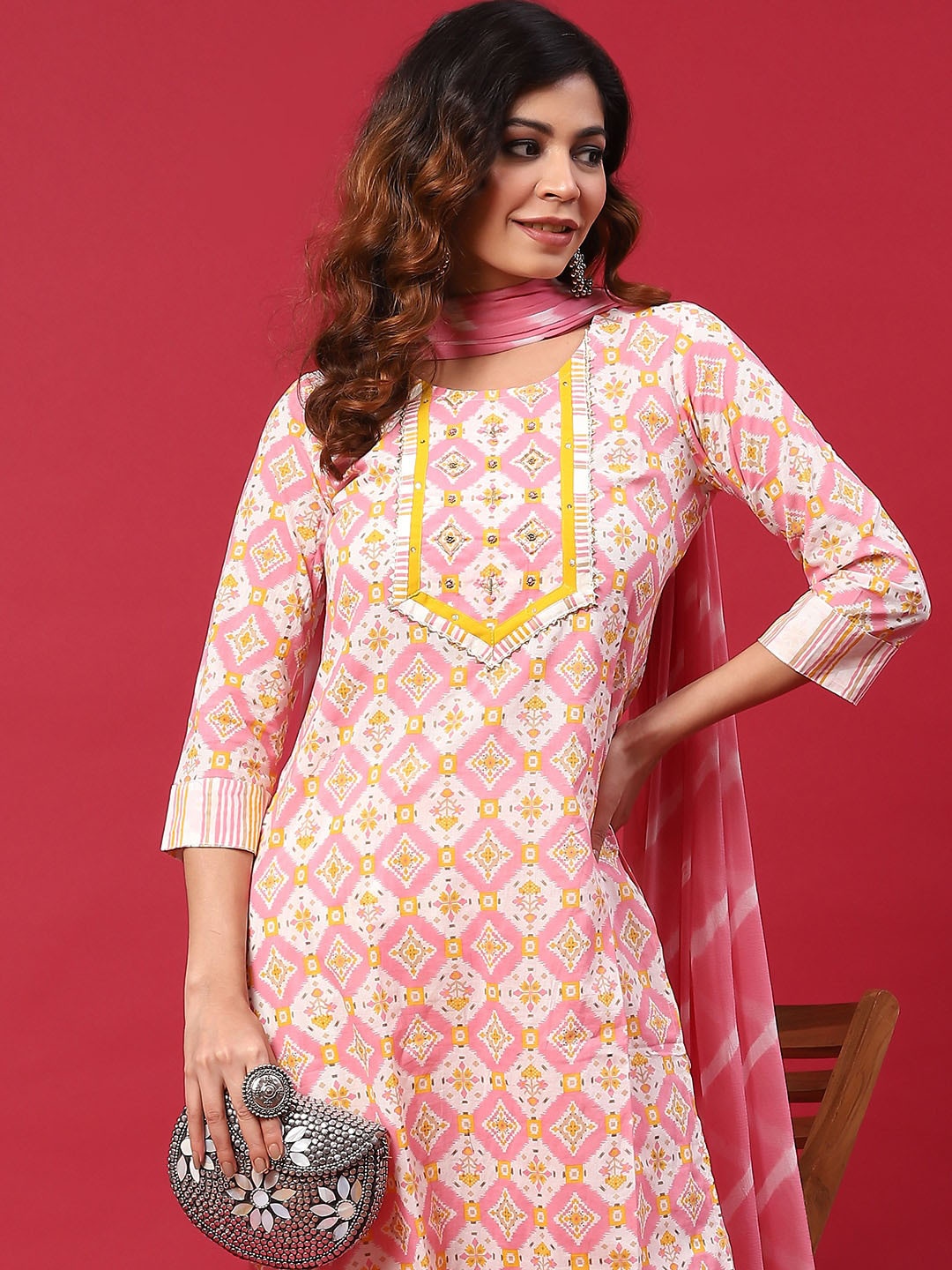 

Anouk Pink Ethnic Motifs Printed Gotta Patti Pure Cotton Kurta with Trousers & Dupatta
