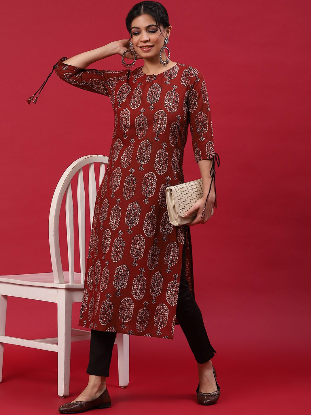 

Anouk Ethnic Motifs Printed Cotton Straight Kurta, Maroon