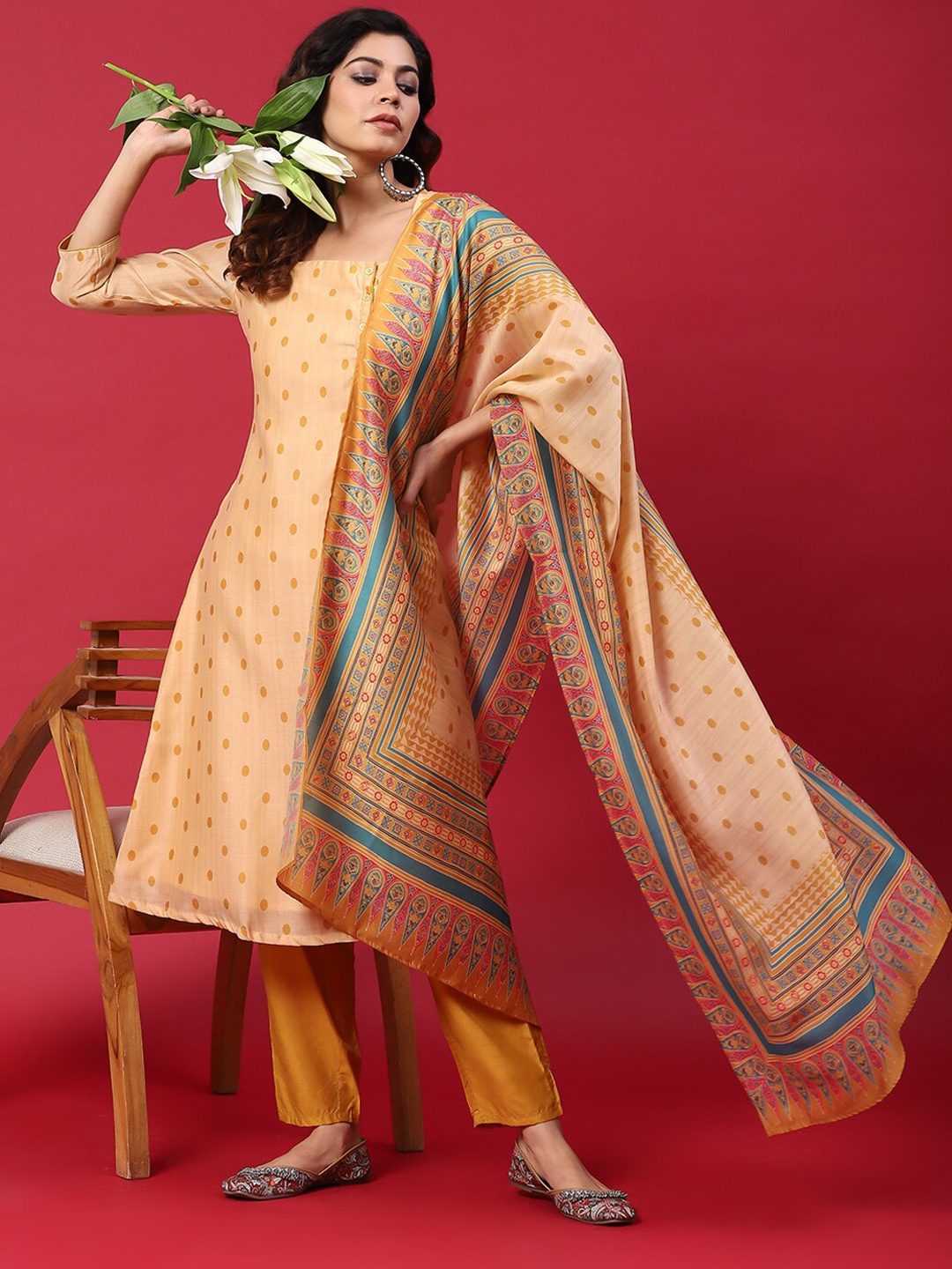 

Anouk Mustard Yellow Polk Dot Printed Chanderi Silk A-Line Kurta & Trousers With Dupatta