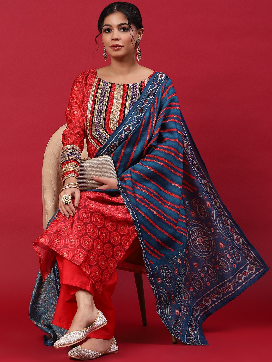 

Anouk Red Ethnic Motifs Printed Thread Work Chanderi Silk Kurta with Palazzos & Dupatta