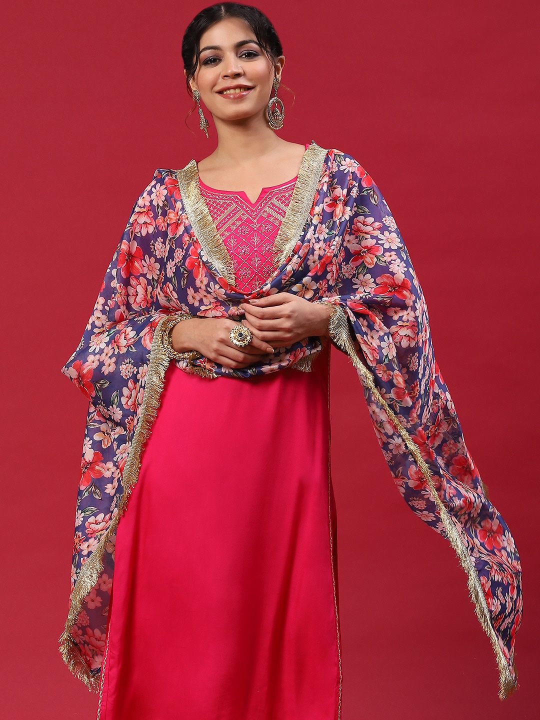 

Anouk Red Ethnic Motifs Yoke Design Thread Work Kurta with Trousers & Dupatta