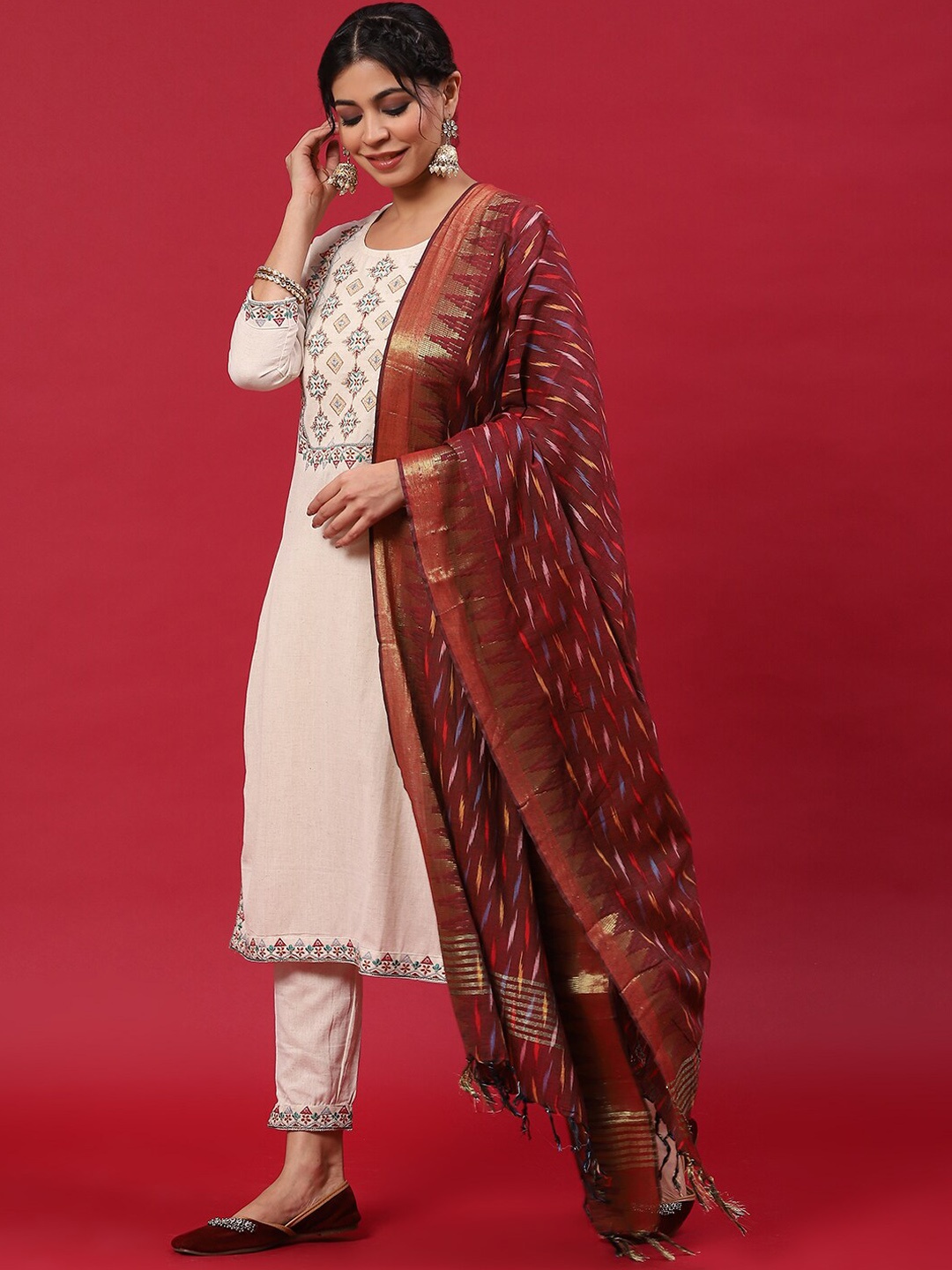 

Anouk Ethnic Motifs Yoke Design Thread Work Pure Cotton Kurta with Trousers & Dupatta, Off white