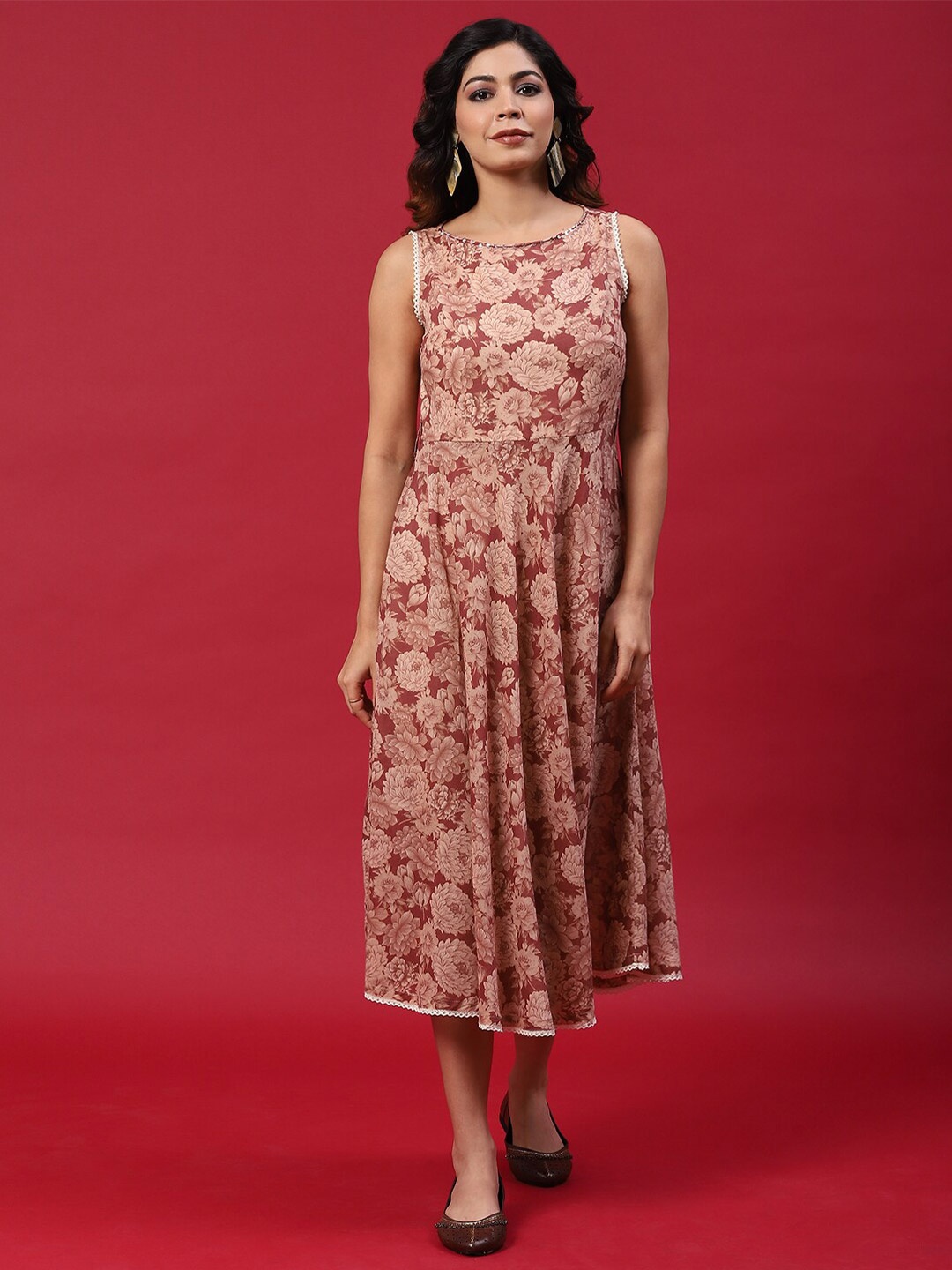 

Anouk Floral Printed Detail Cotton Fit & Flare Dress, Brown