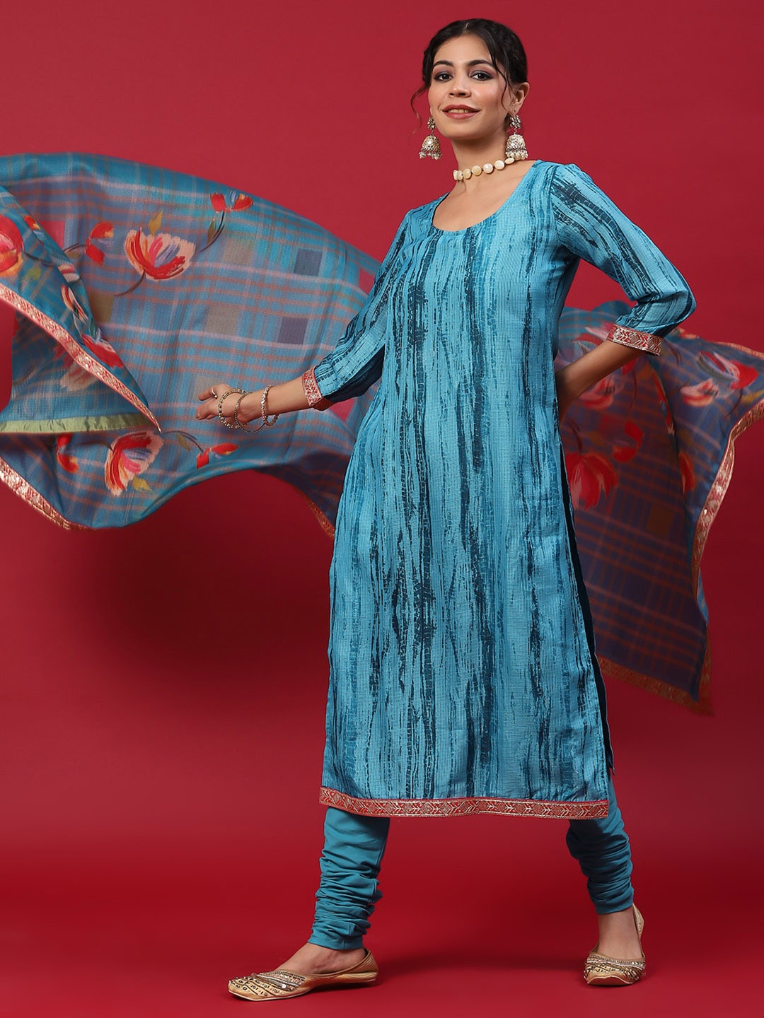 

Anouk Blue Abstract Printed Straight Kurta with Churidar & Dupatta