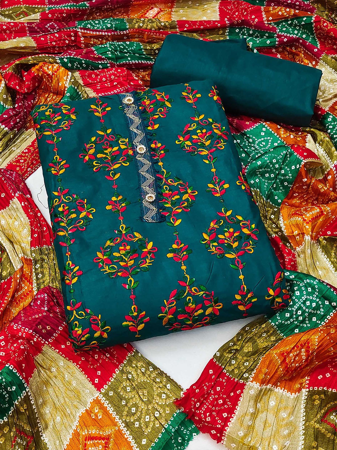 

KALINI Floral Embroidered Unstitched Dress Material, Teal