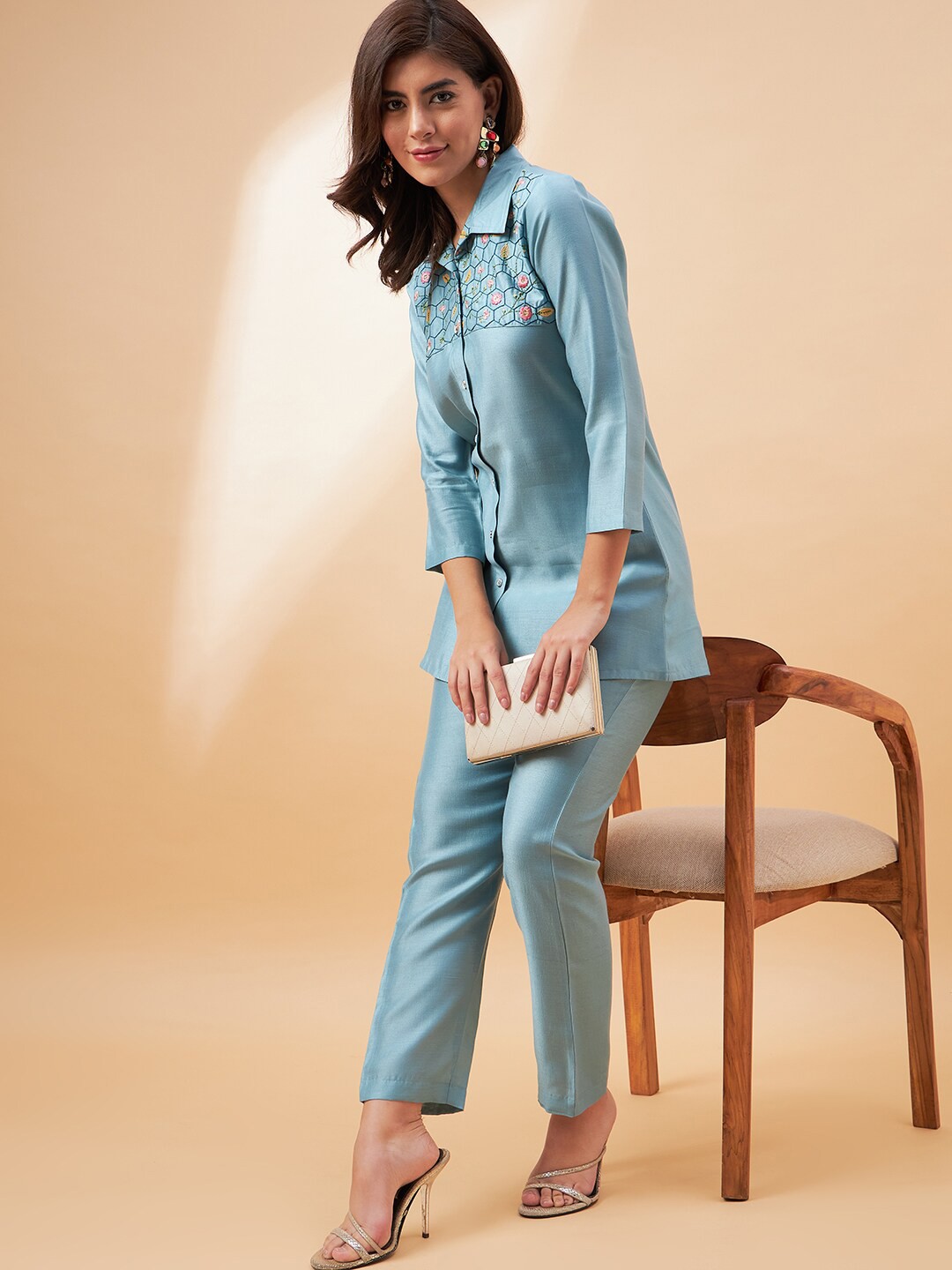

all about you Embroidered Shirt Collar Tunic With Trousers Co-Ords, Turquoise blue