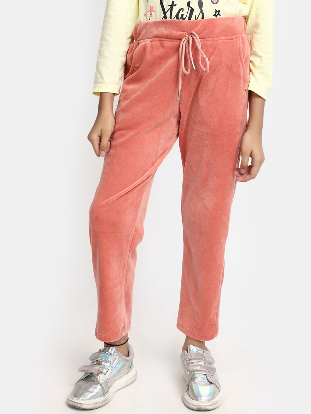 

V-Mart Girls Mid-Rise Knitted Velvet Jogger, Peach