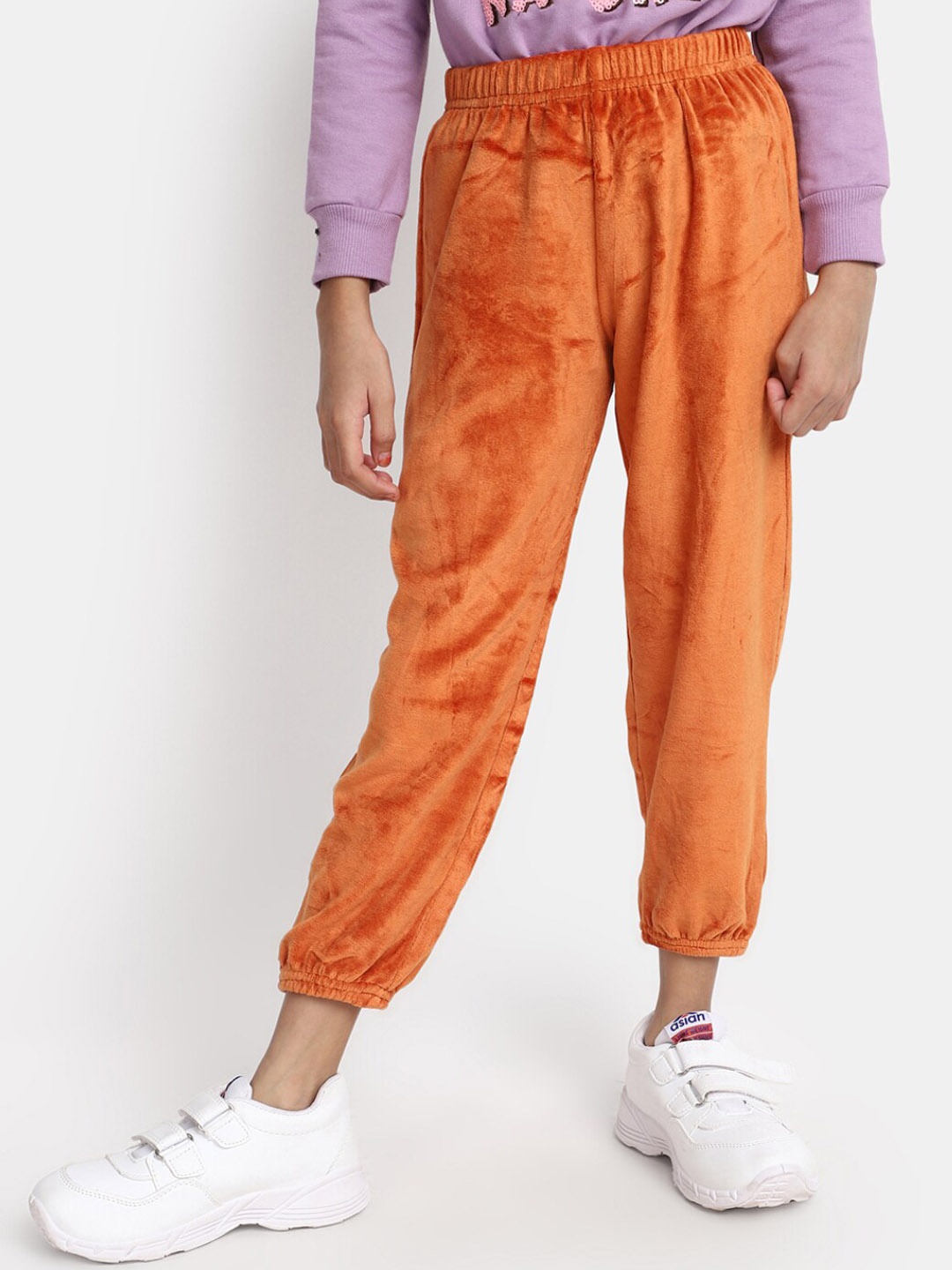

V-Mart Girls Mid-Rise Knitted Velvet Jogger, Orange