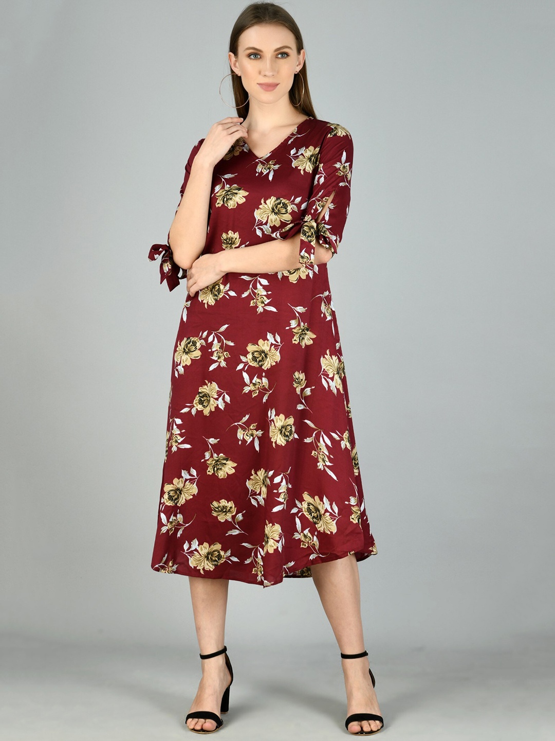 

Moshe Floral Printed Slit Sleeves A-Line Midi Dress, Maroon