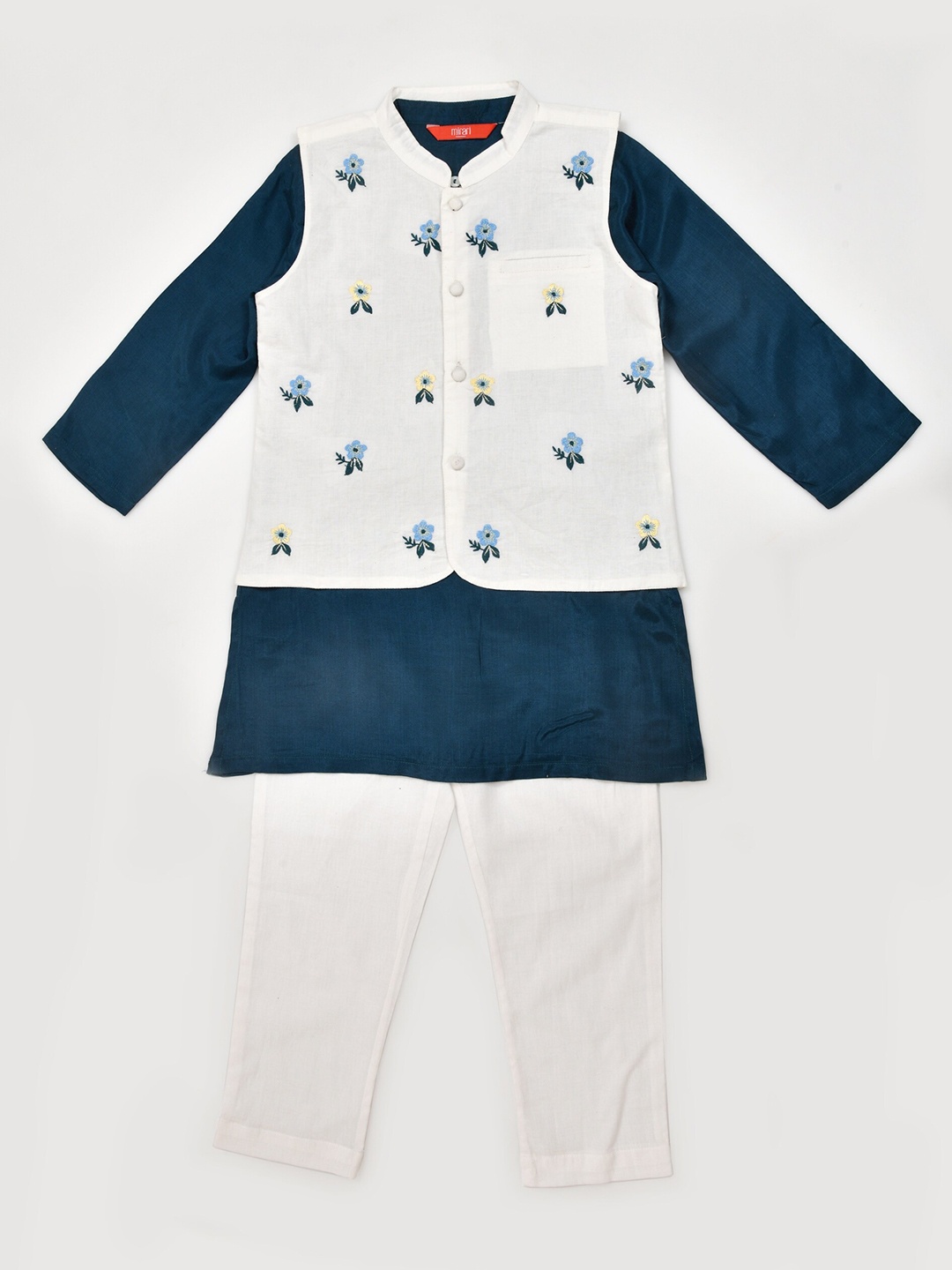 

mirari Boys Mandarin Collar Pure Cotton Kurta With Pyjamas & Nehru Jacket, Navy blue