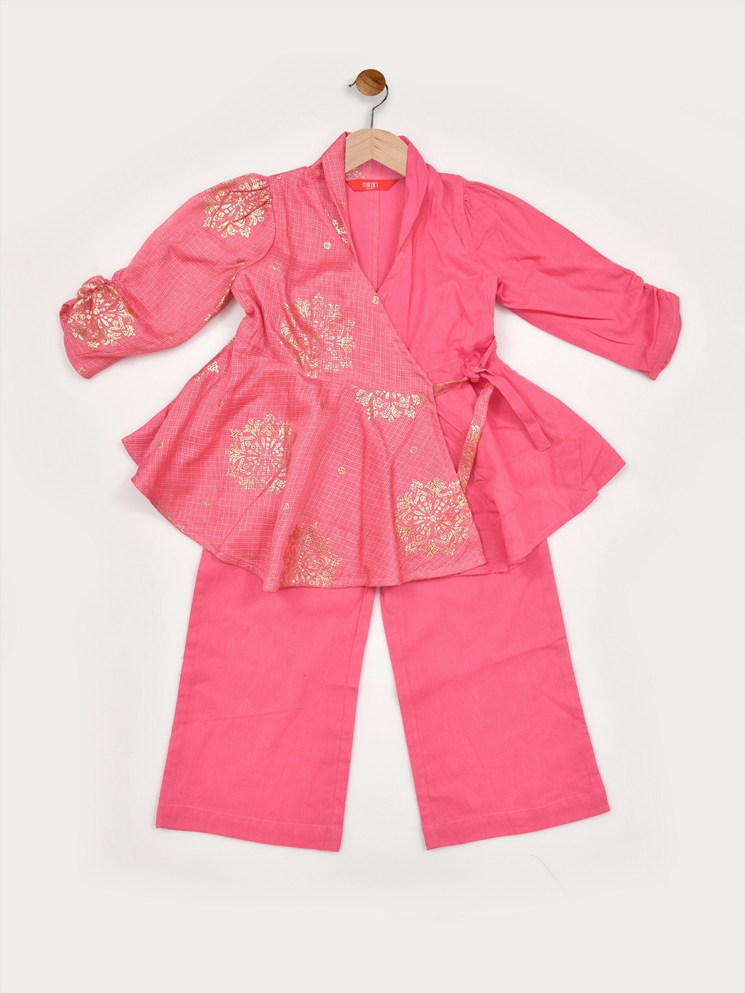 

mirari Girls Floral Printed Pure Cotton Angrakha Kurti With Trousers, Pink