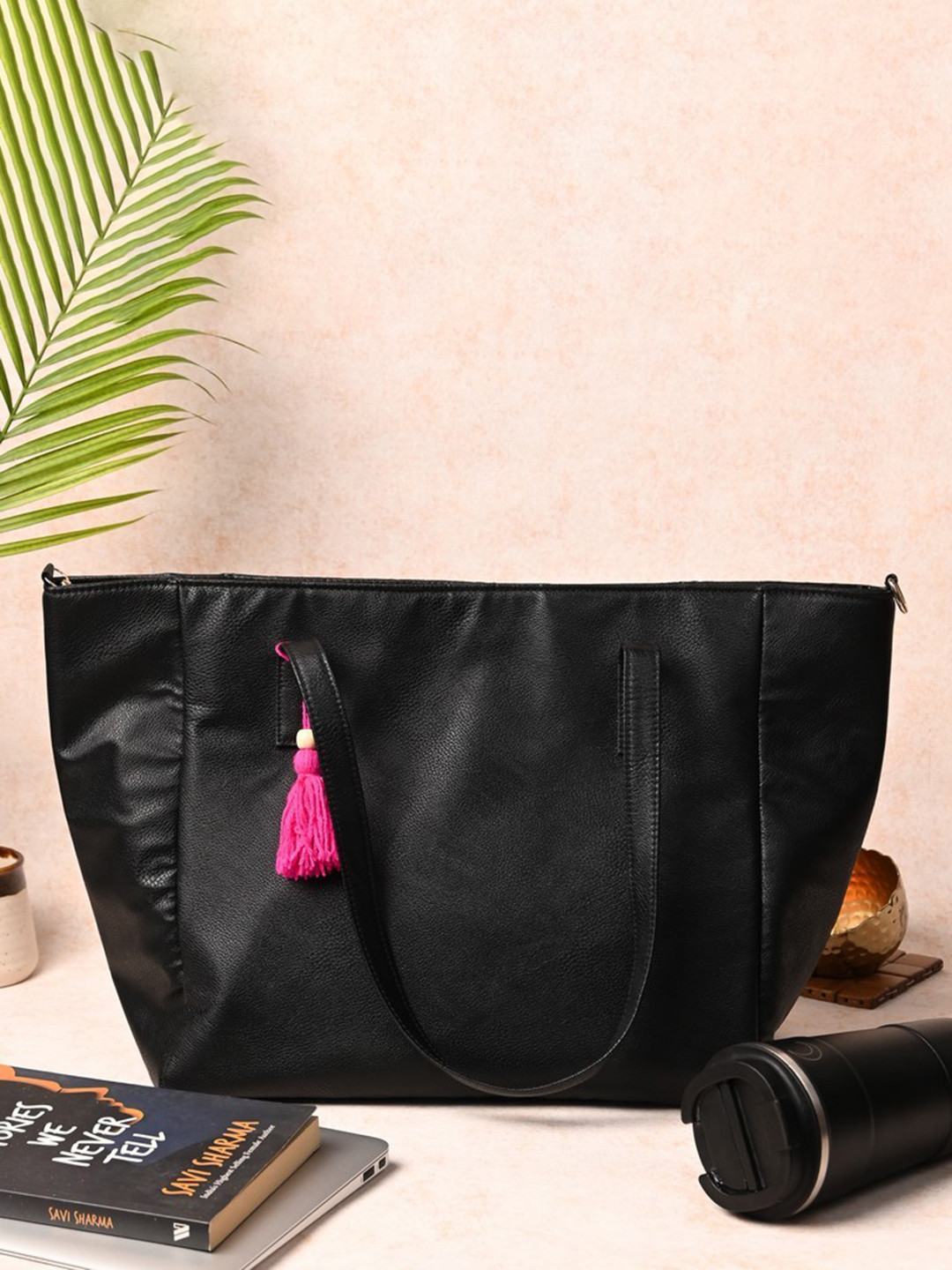 

Visual Echoes Oversized Structured Shoulder Bag With Tasselled, Black
