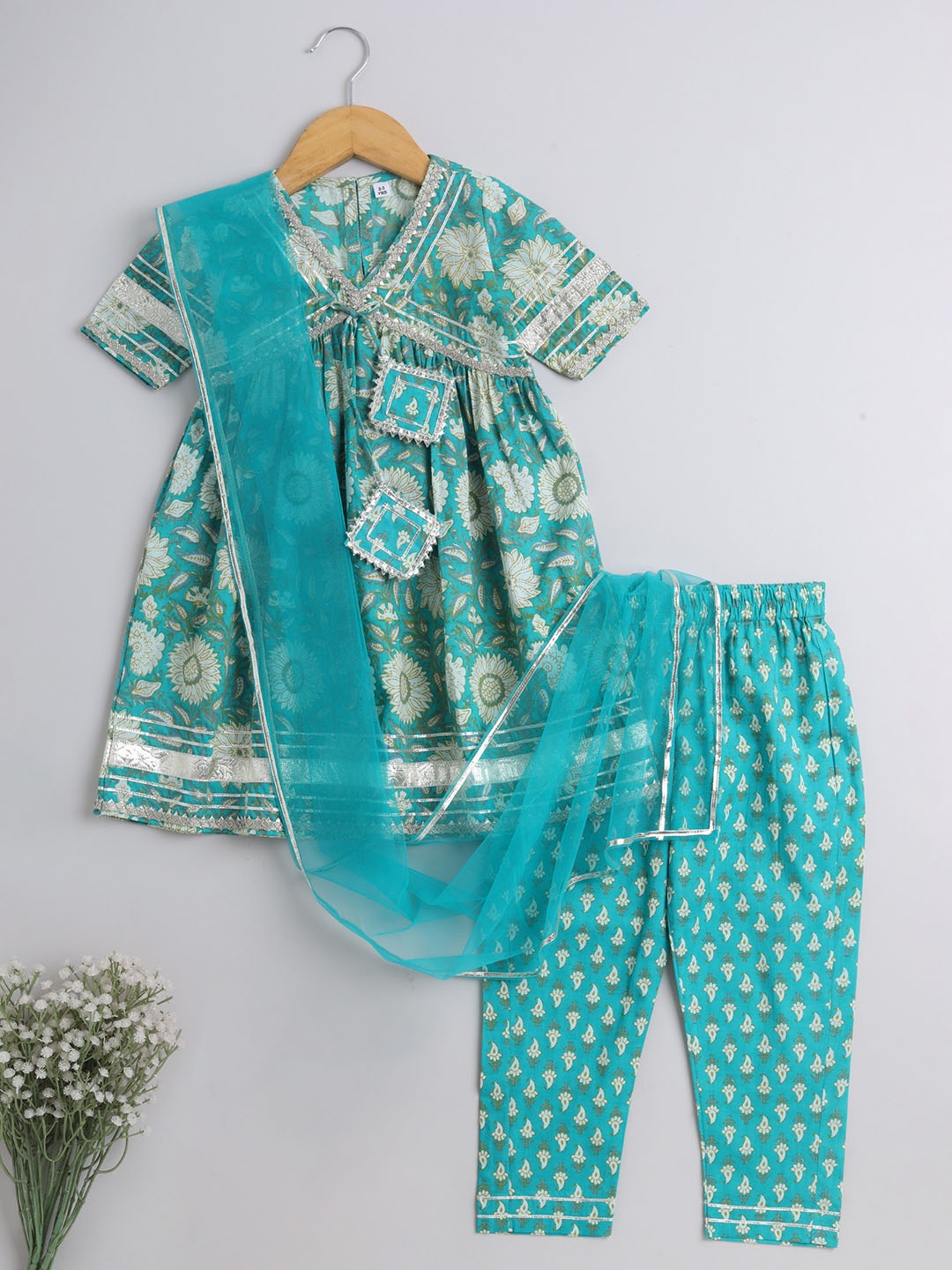 

The Magic Wand Girls Ethnic Printed Empire Pure Cotton Kurta With Trousers & Dupatta, Teal