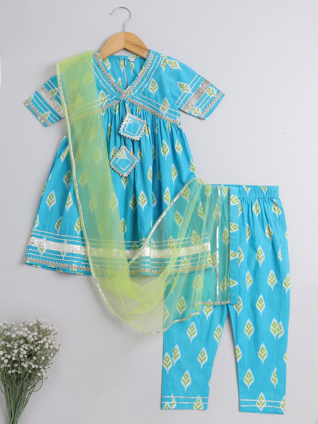 

The Magic Wand Girls Ethnic Motifs Printed Empire Kurta With Trousers & Dupatta, Blue