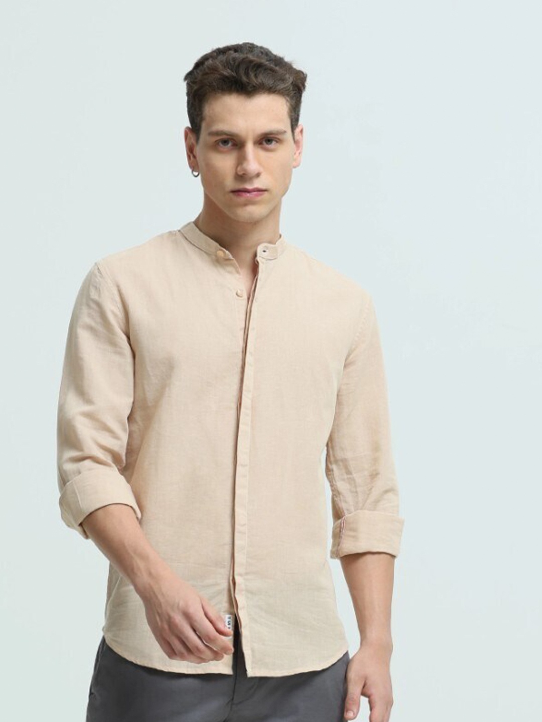 

TURMS Classic Slim Fit Anti-Stain & Anti-Odour Mandarin Collar Shirt, Beige