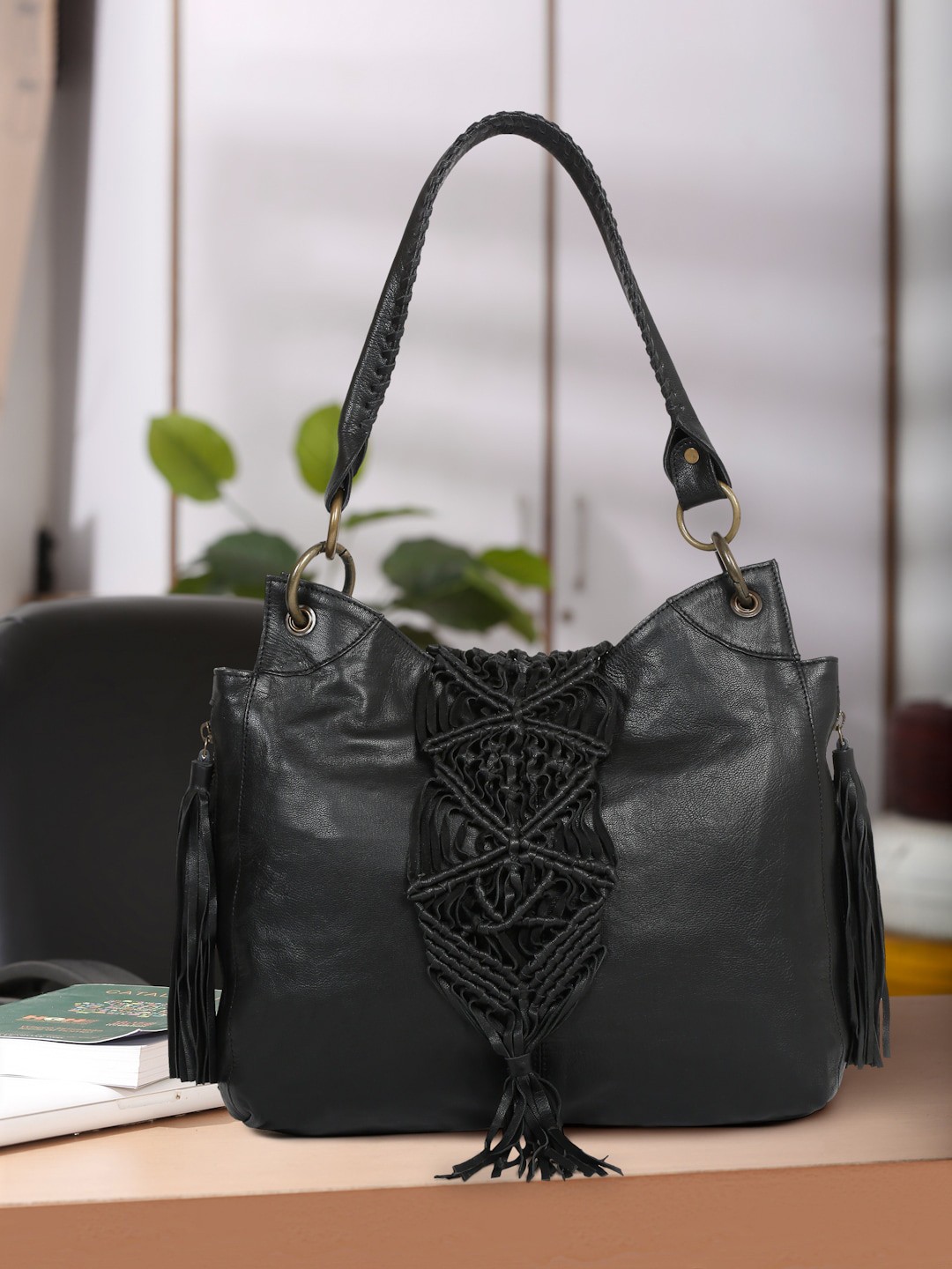

Suvaska Leather Structured Handheld Bag with Tasselled, Black