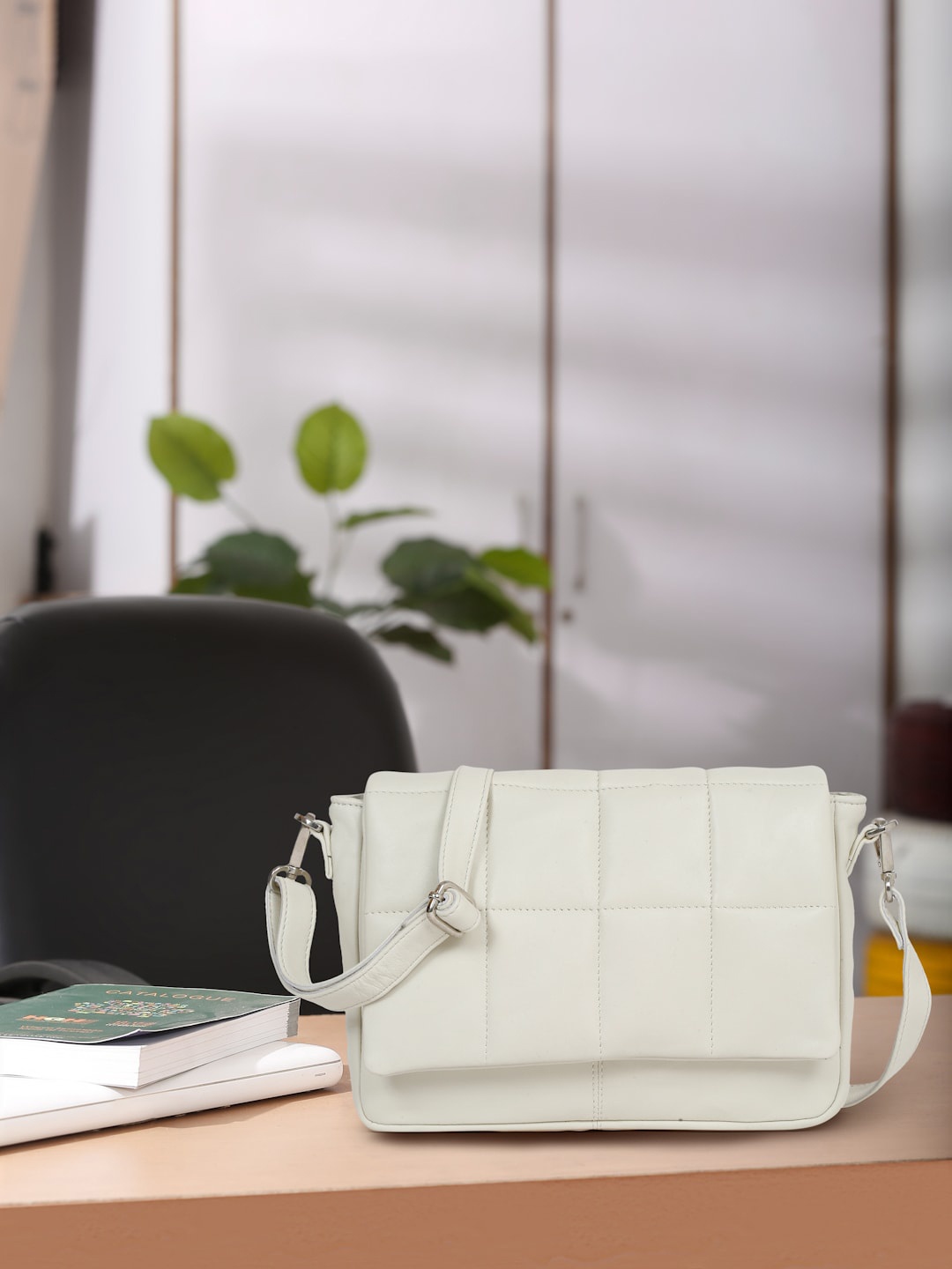 

Suvaska Leather Swagger Quilted Sling Bag, White