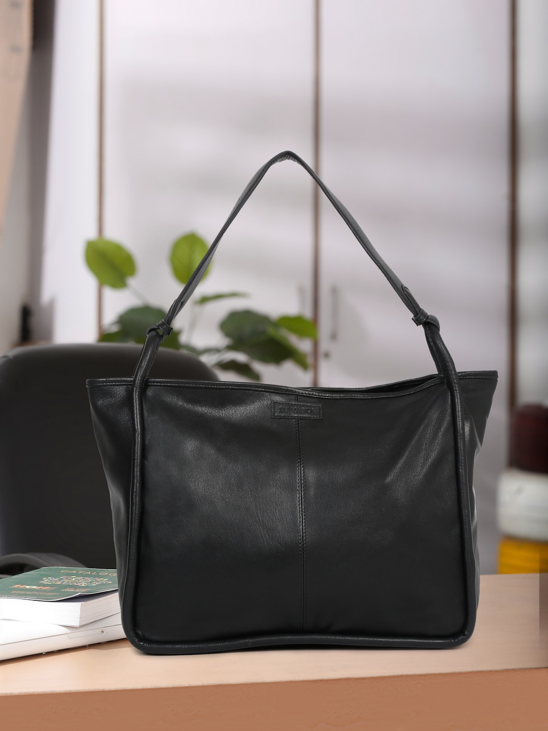 

Suvaska Leather Structured Shoulder Bag, Black