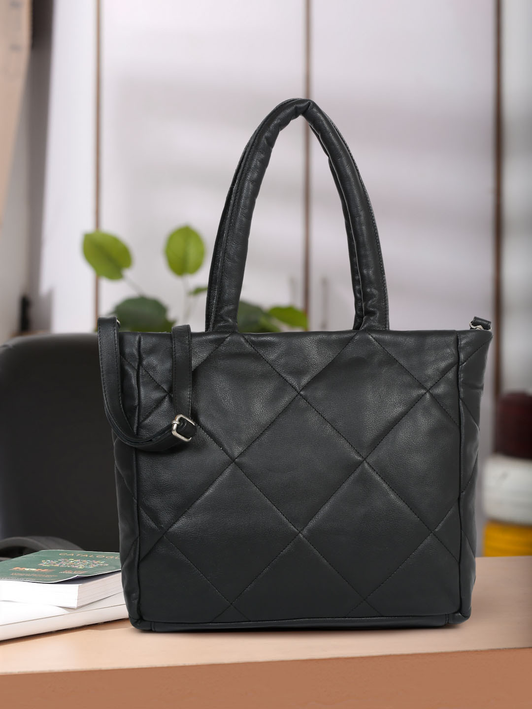 

Suvaska Leather Structured Quilted Handheld Bag, Black