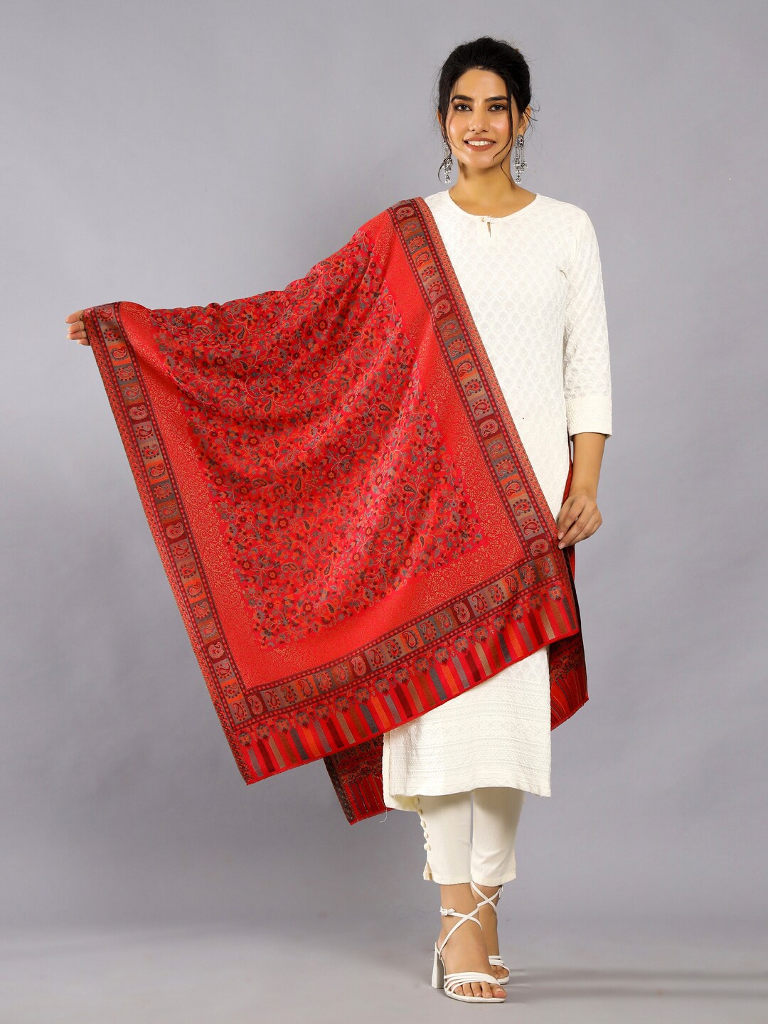 

HANDICRAFT PALACE Paisley Woven Design Zari Wool Shawl, Red