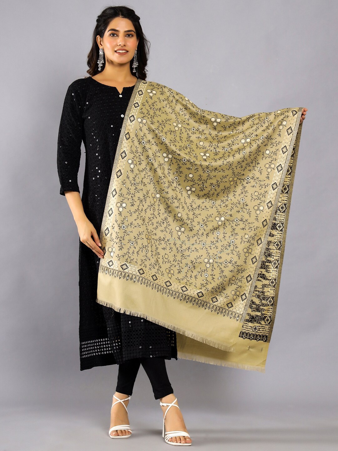 

HANDICRAFT PALACE Floral Woven Design Fringed Wool Shawl, Beige