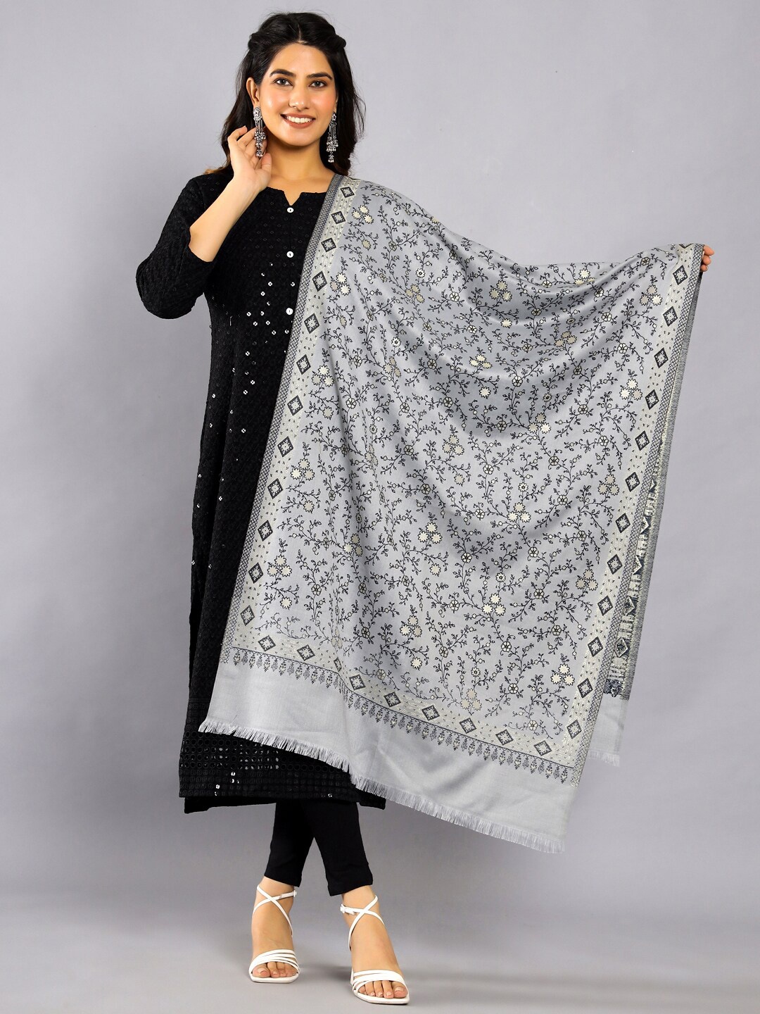 

HANDICRAFT PALACE Floral Woven Design Zari Wool Shawl, Grey